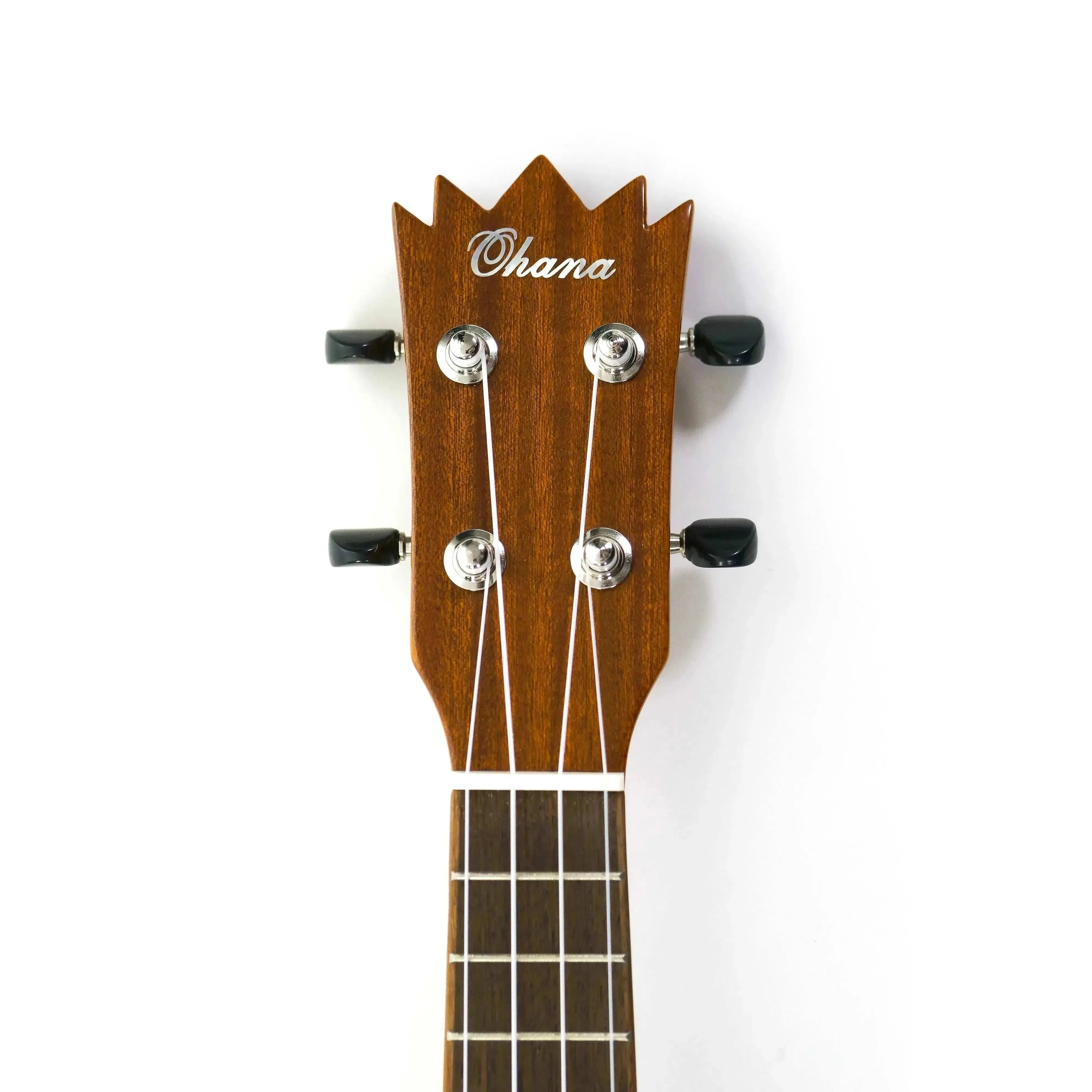 Ohana TPK-25G ukulele headstock with crown shape, solid mahogany, Grover tuners, and Ohana logo.