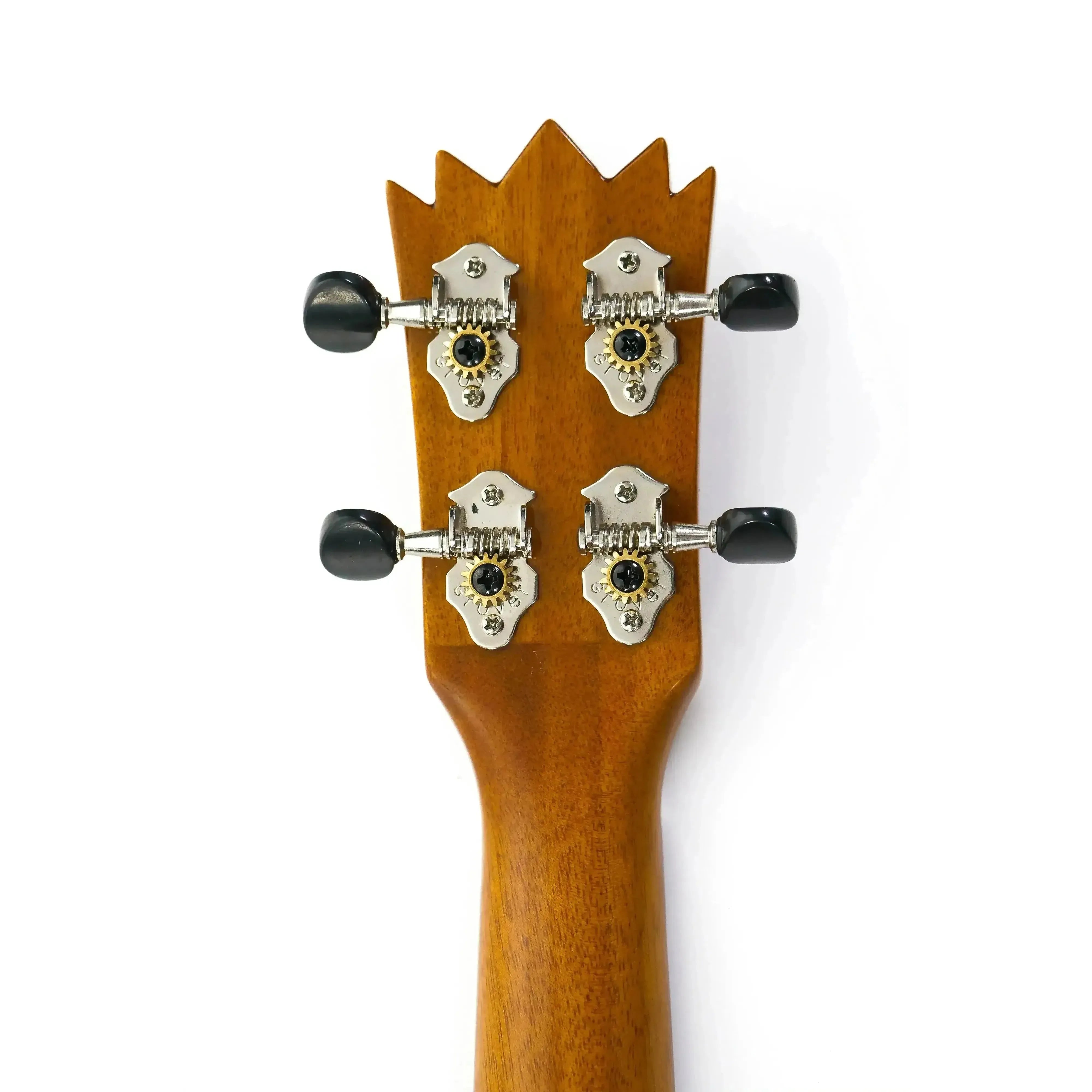 Ohana TPK-25G ukulele headstock with crown shape, solid mahogany, and Grover nickel tuners.