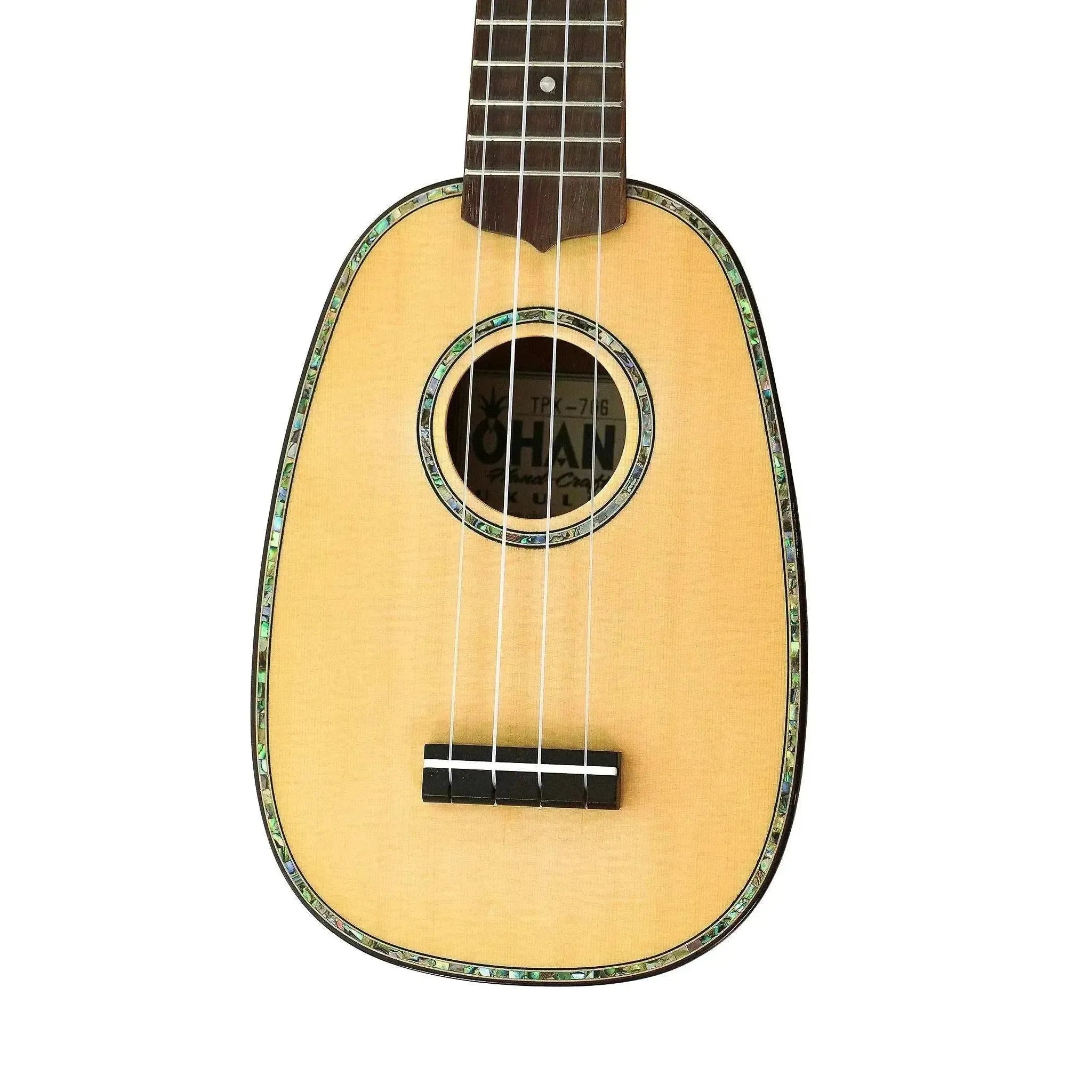 Ohana TPK-70G pineapple sopranino ukulele with light wood body, abalone inlay, and black bridge.