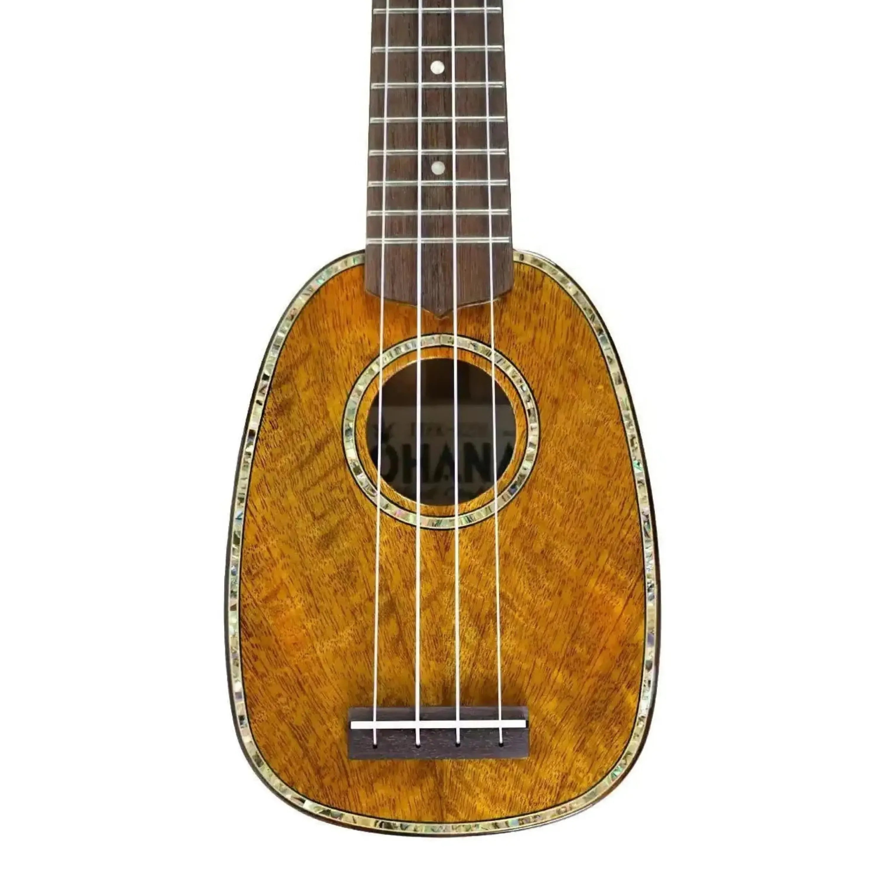 Ohana TTPK-220G solid mango pineapple sopranissimo ukulele with abalone rosette and purfling.