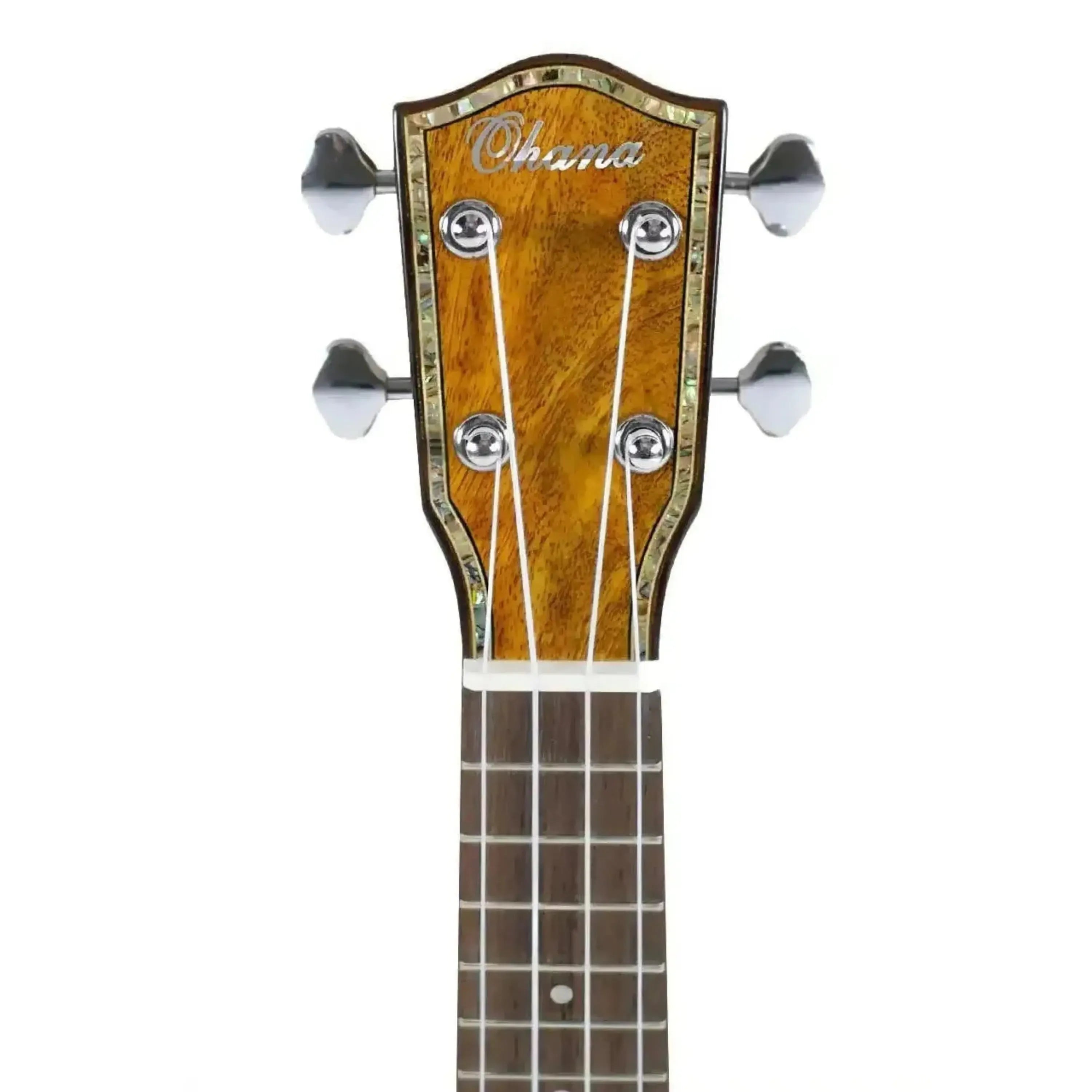 Ohana TTPK-220G ukulele headstock with solid mango wood, abalone inlay, and chrome tuners.