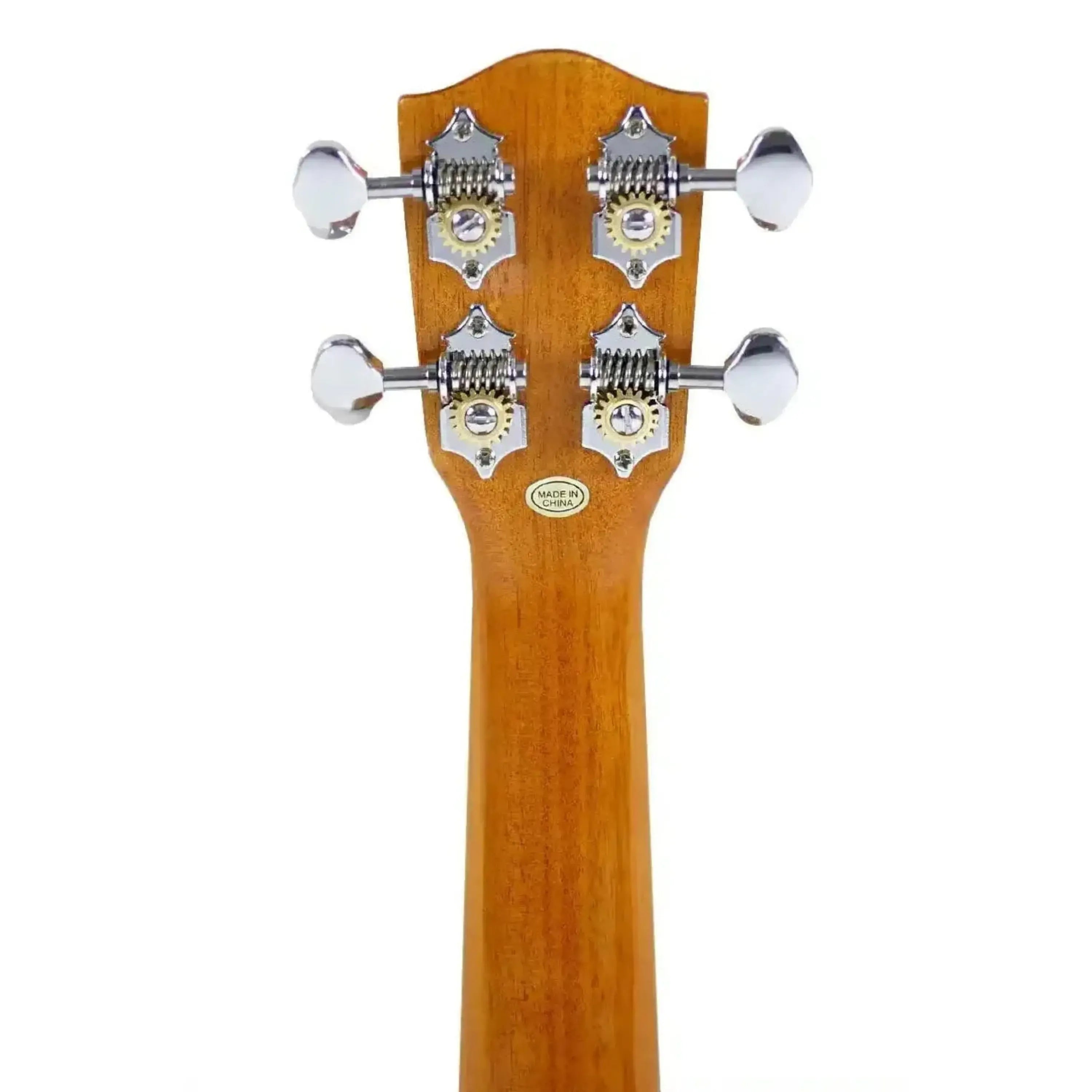 Back of Ohana TTPK-220G Solid Mango Pineapple Sopranissimo Ukulele headstock with chrome open-geared tuners.