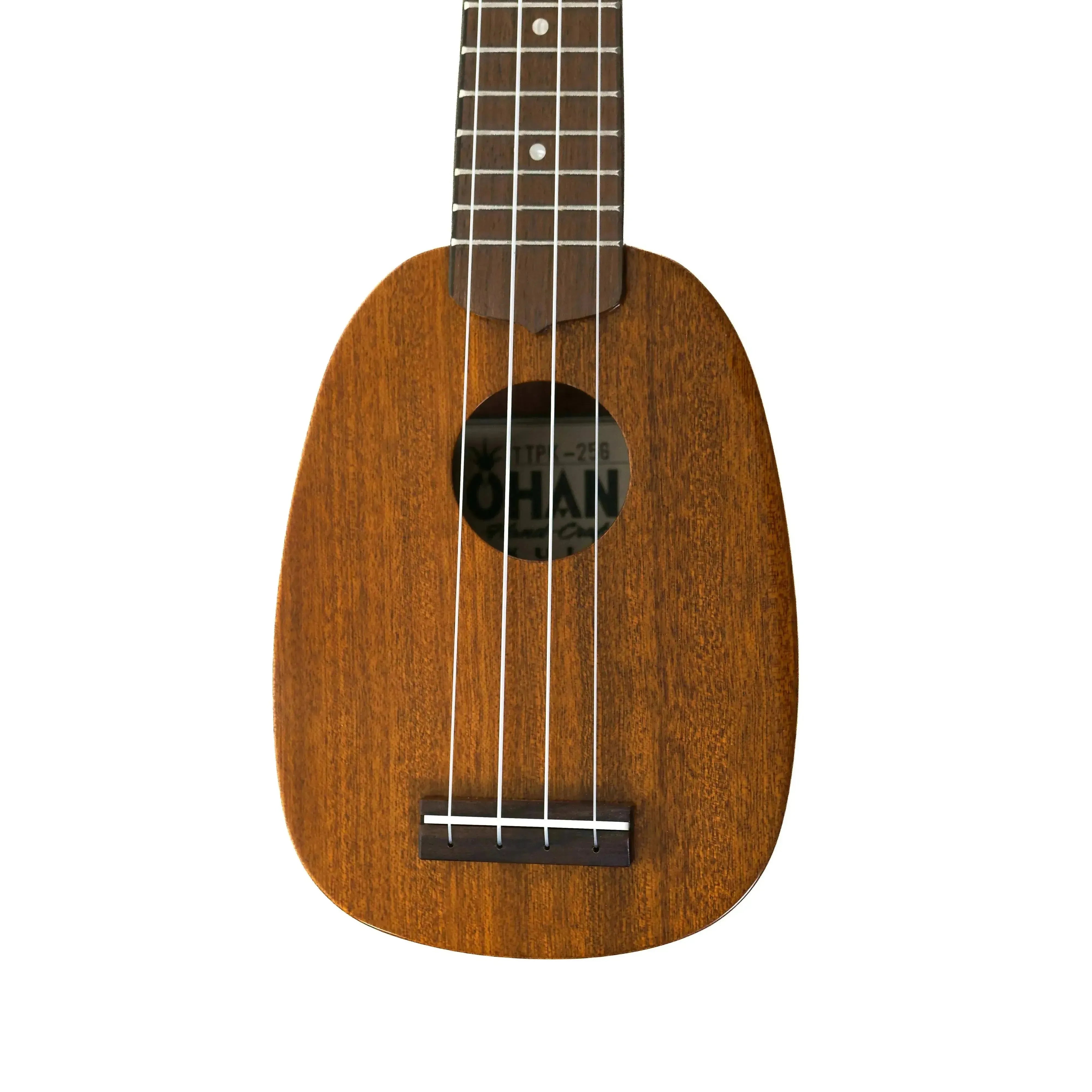 Ohana TTPK-25G solid mahogany pineapple sopranissimo ukulele with glossy finish and soundhole detail.