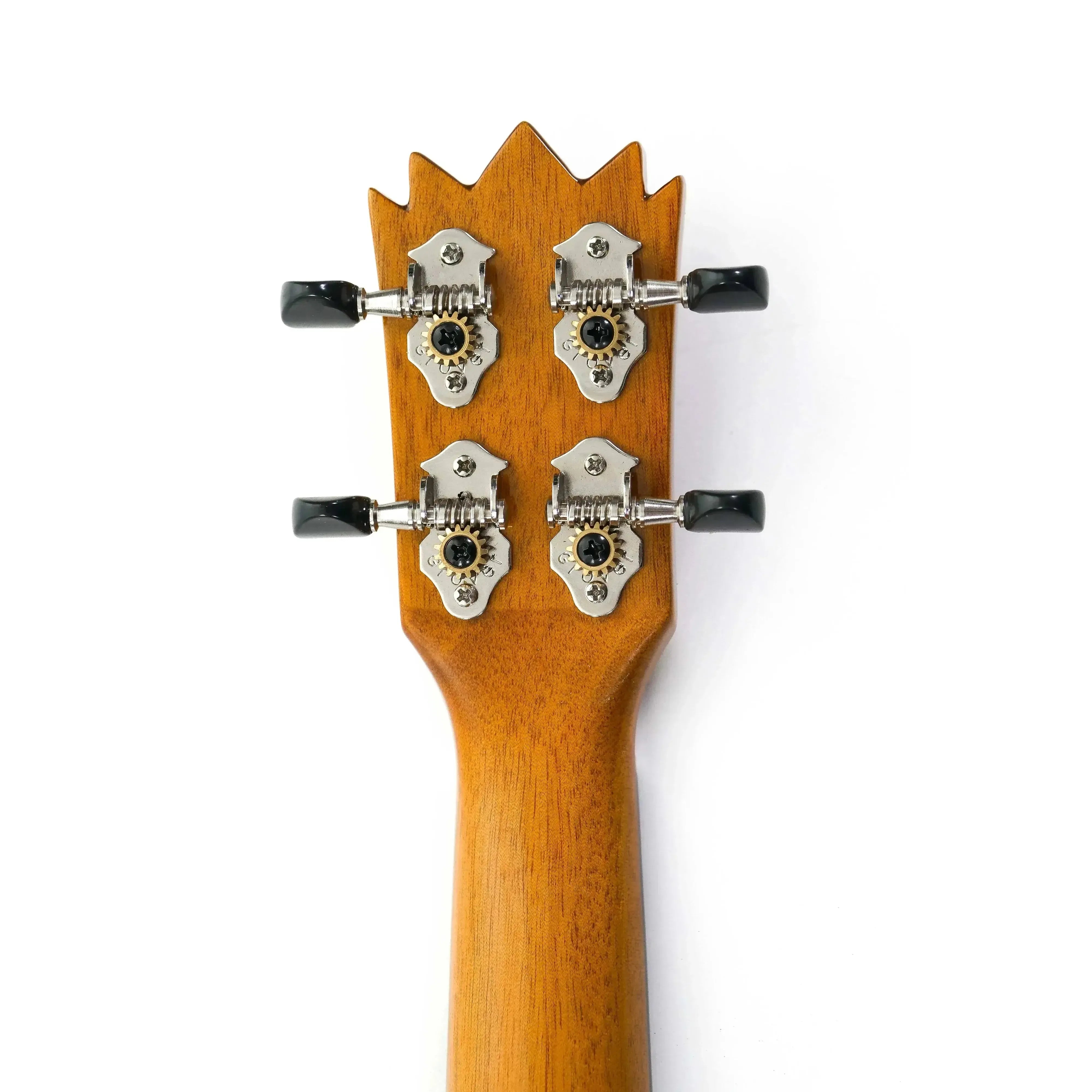 Ohana TTPK-25G ukulele headstock with crown shape, Grover tuners, and solid mahogany neck.