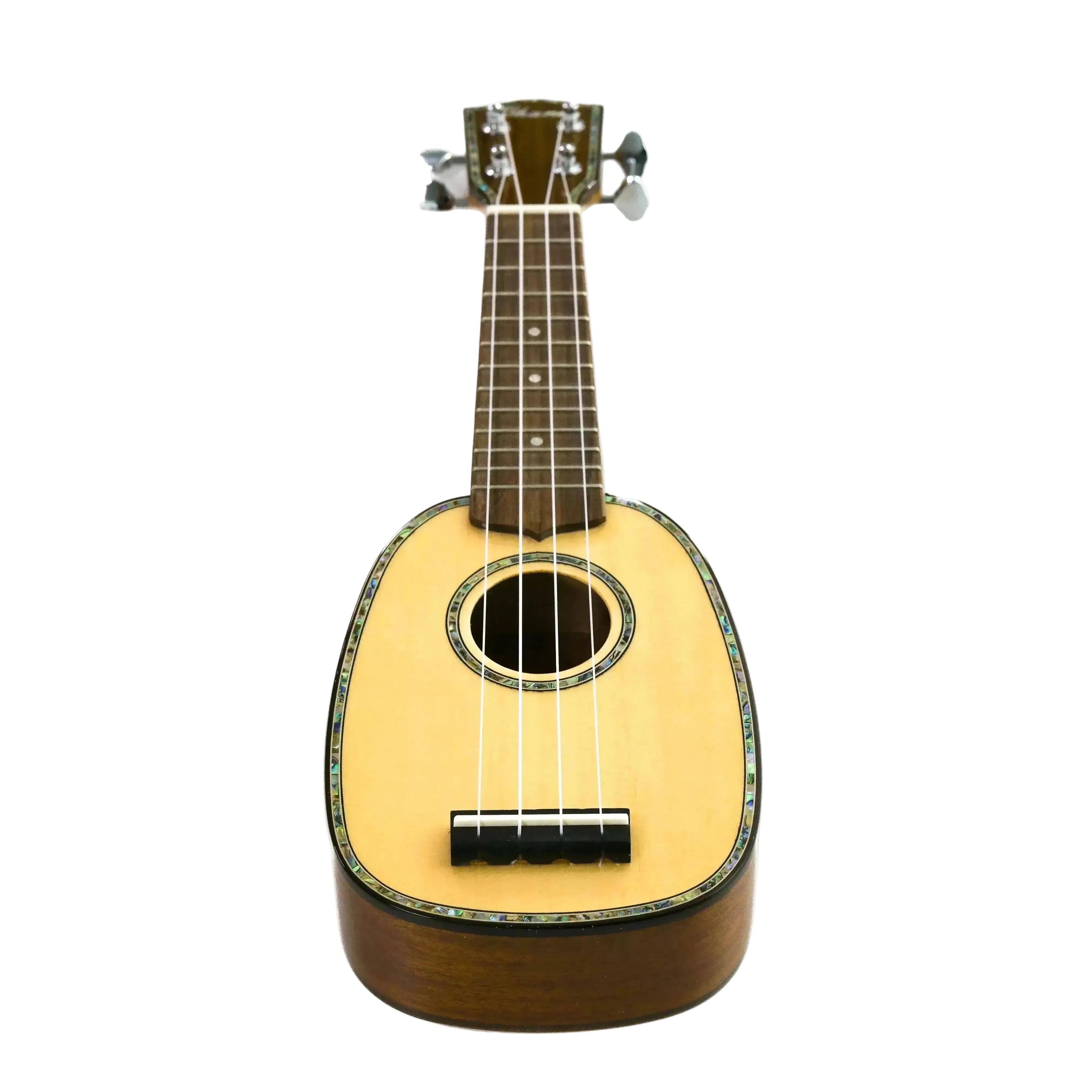 Ohana TTPK-70G pineapple sopranissimo ukulele with light spruce top, dark mahogany back, and abalone rosette.