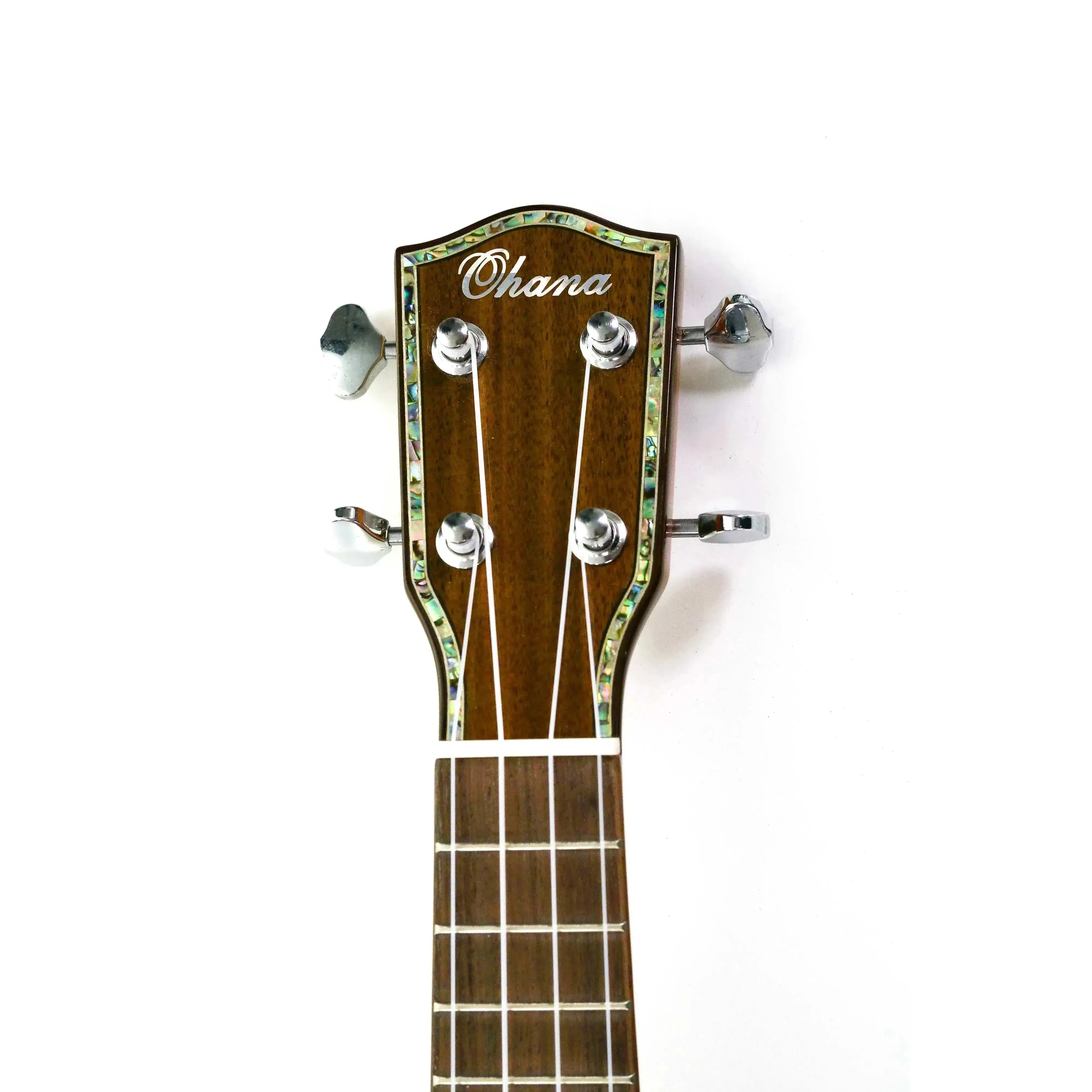 Ohana sopranissimo ukulele headstock with abalone binding, Grover tuners, and Ohana logo.