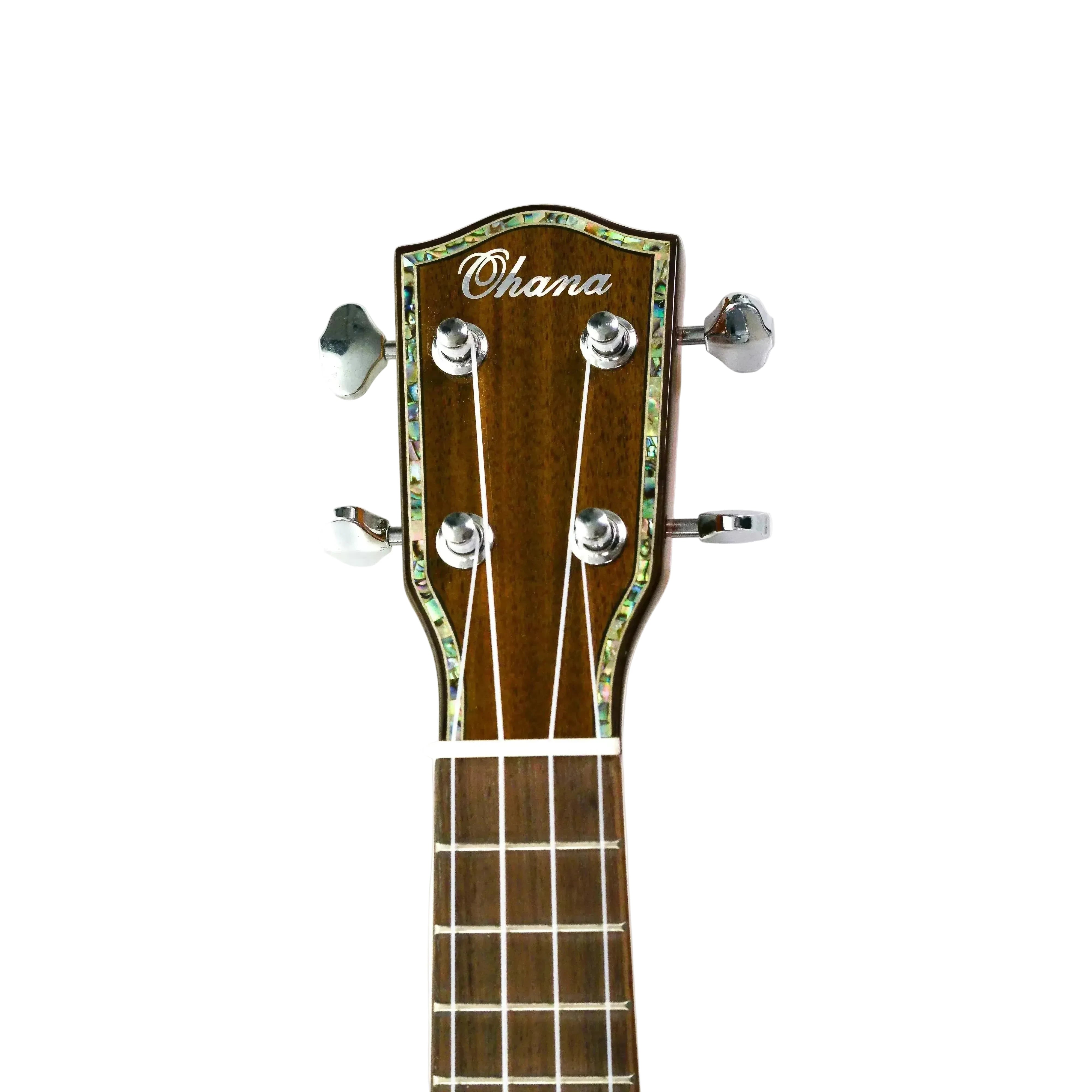 Ohana sopranissimo ukulele headstock with abalone binding, Grover tuners, and Ohana logo.