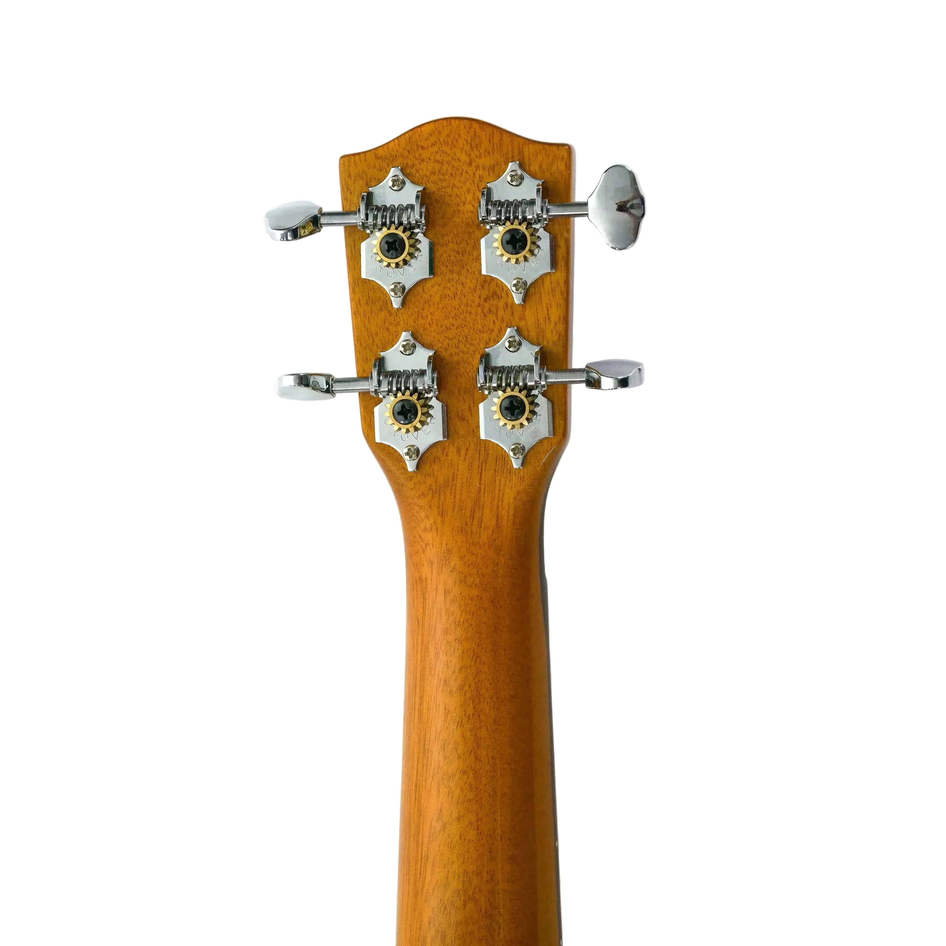 Ohana TTPK-70G ukulele headstock with mahogany wood, chrome Grover tuners, and gold gears.