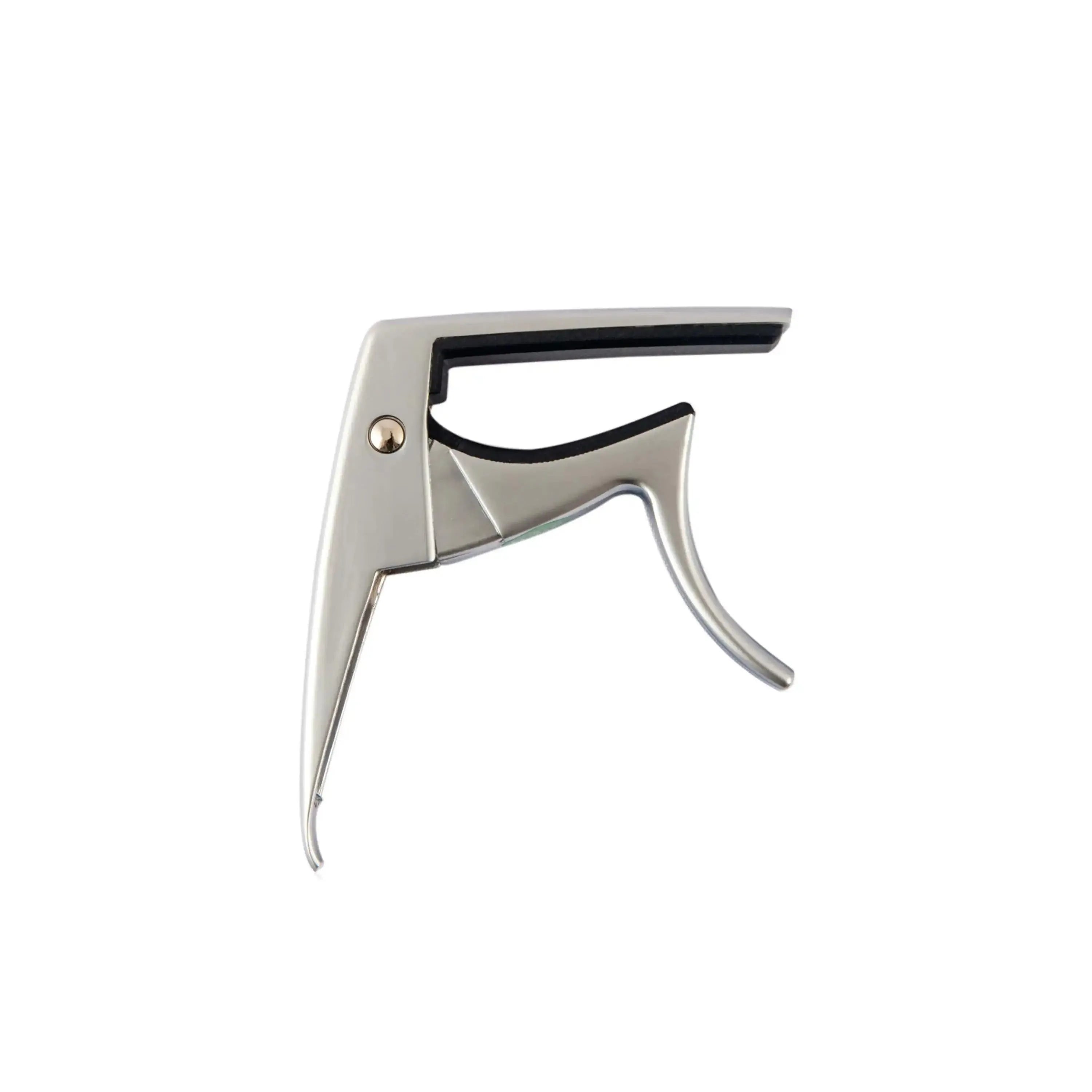 Ohana TUC-10 ukulele capo in silver, featuring a trigger-style design and black cushioned handle.