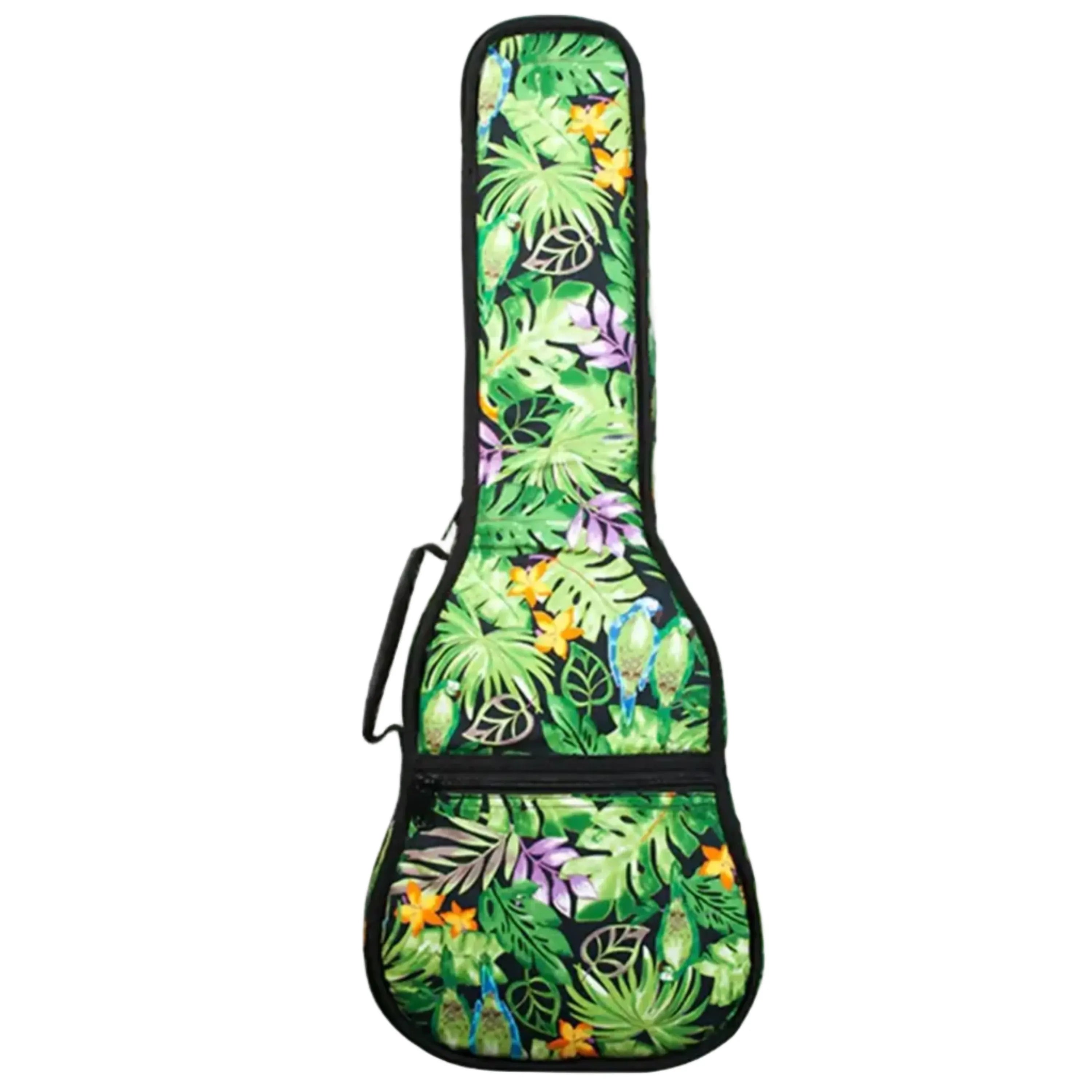 Ohana Concert Ukulele Gigbag with green Hawaiian floral print, black trim, and front pocket.