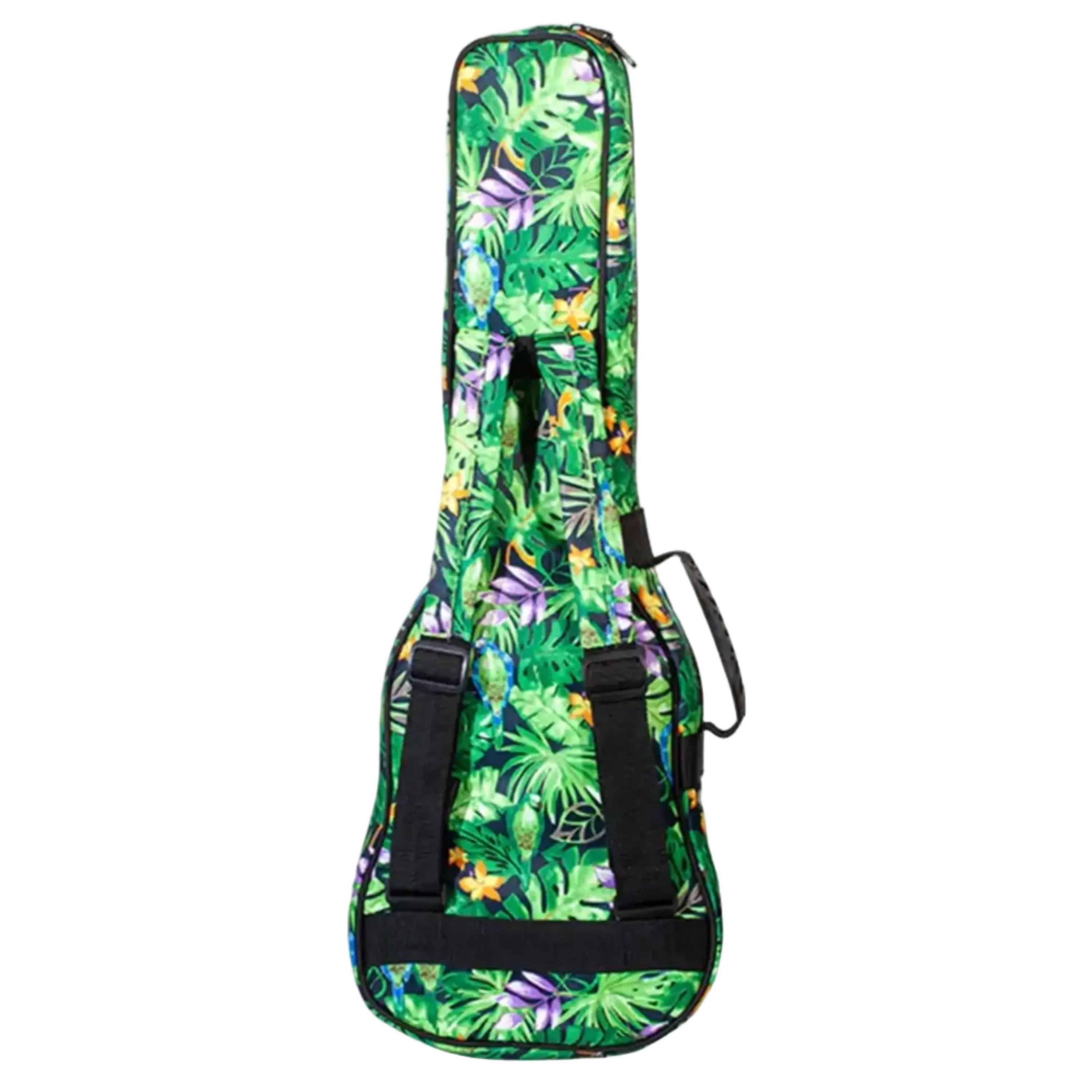 Ohana Concert Ukulele Gigbag in Hawaiian green floral print with black straps and zipper.