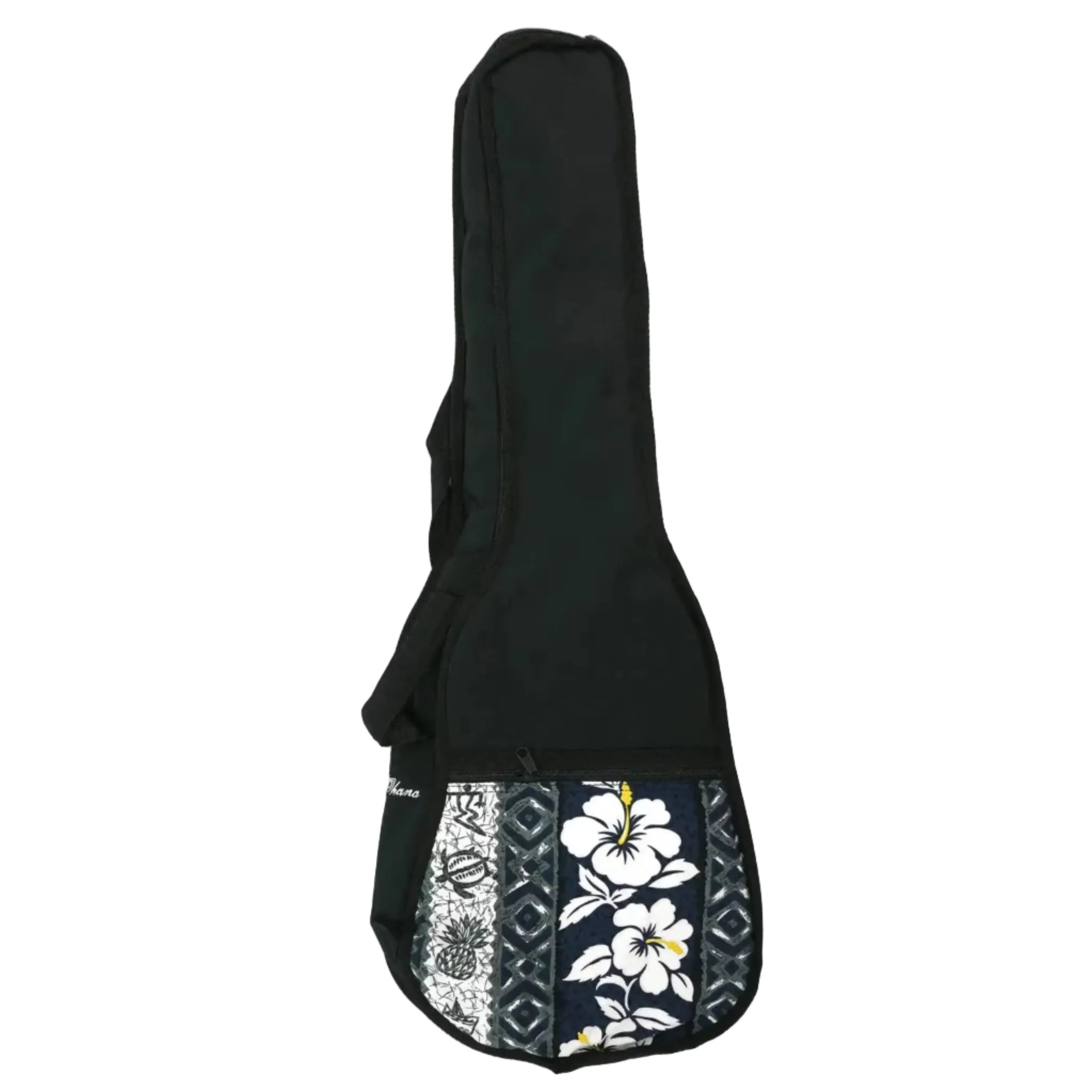 Ohana Tenor Ukulele Gigbag, black nylon with blue Hawaiian floral print pocket.
