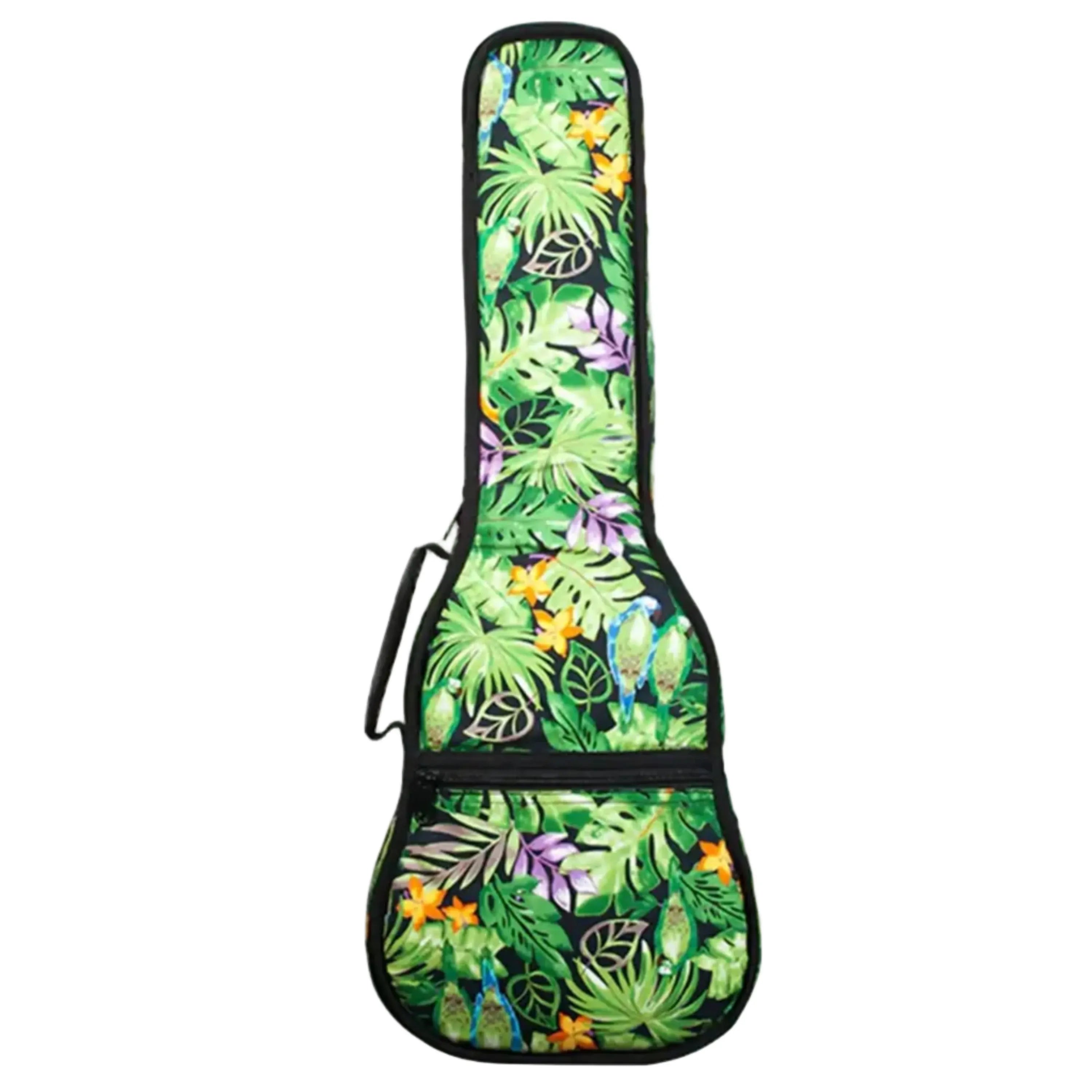 Ohana UB-31-AG Baritone Ukulele Gigbag with green Hawaiian floral print, black trim, and zippered pocket.