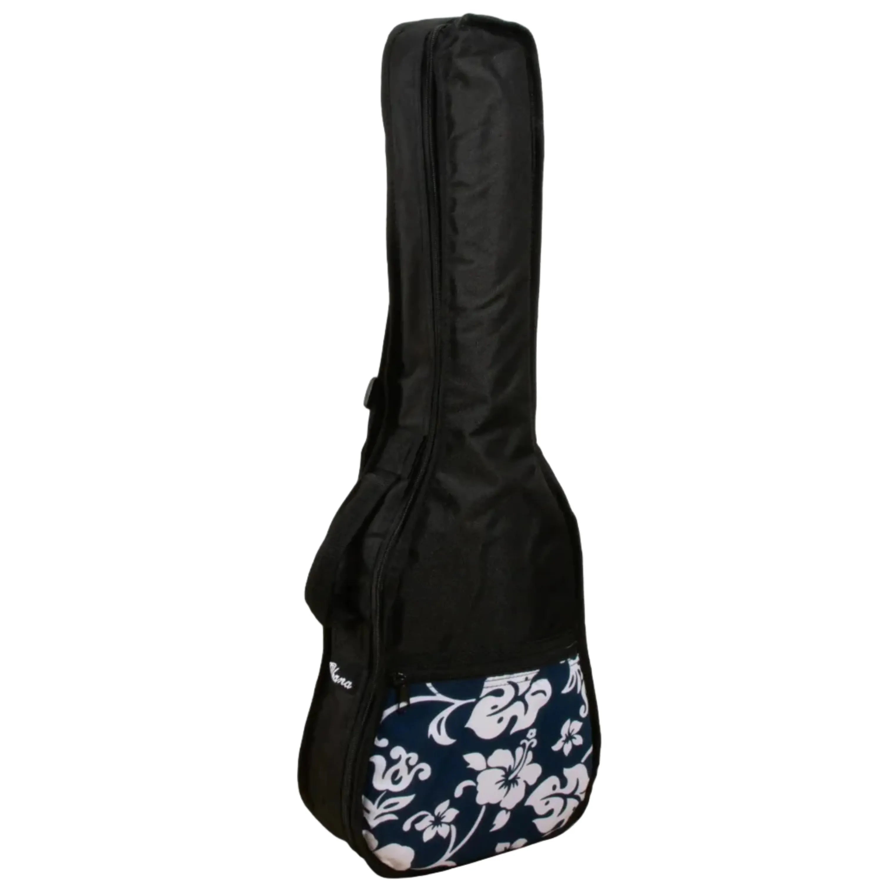 Ohana UB-31-BL Baritone Ukulele Gigbag, black nylon with blue and white Hawaiian floral print pocket.