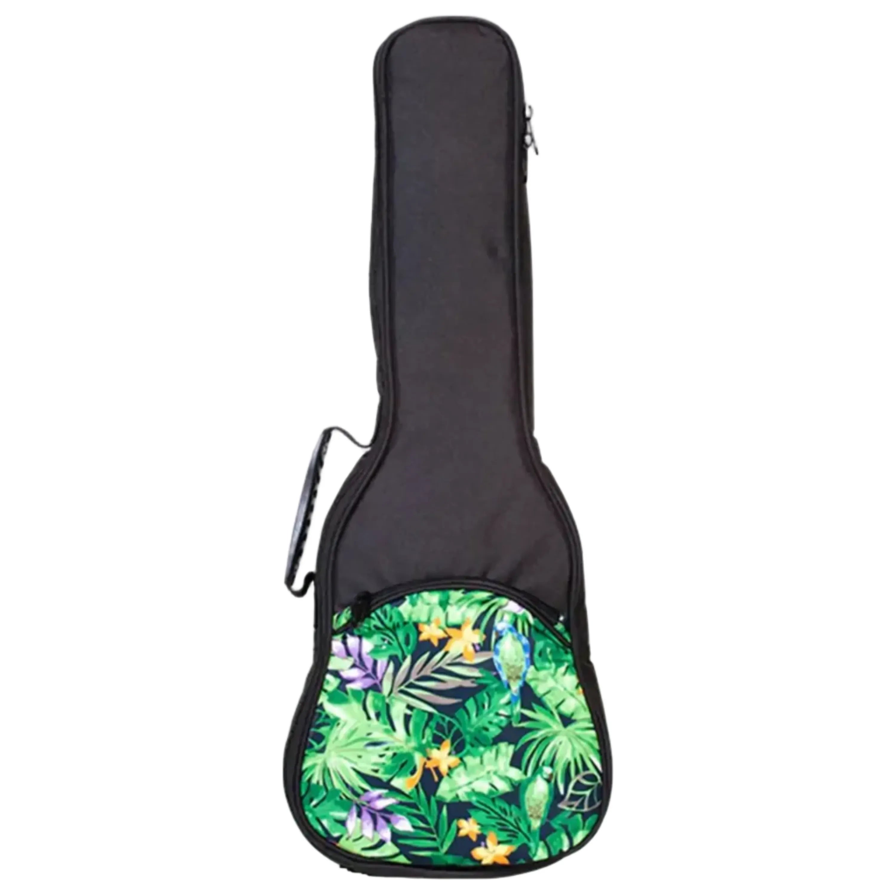 Ohana UB-31-GN Baritone Ukulele Gigbag, black nylon with green floral and parrot print pocket.