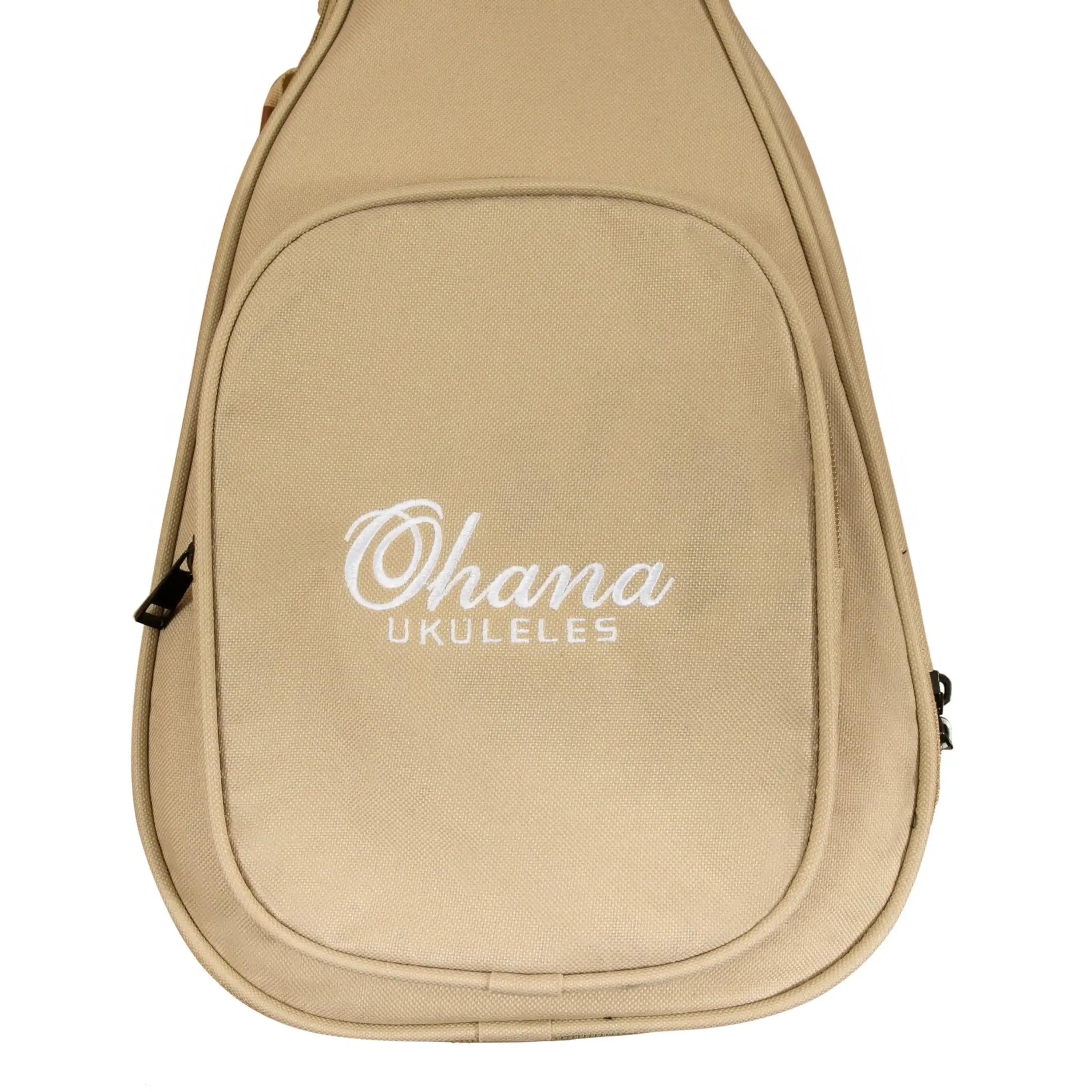 Ohana UB-31YL tan padded baritone ukulele gigbag with embroidered logo and zippered front pocket.