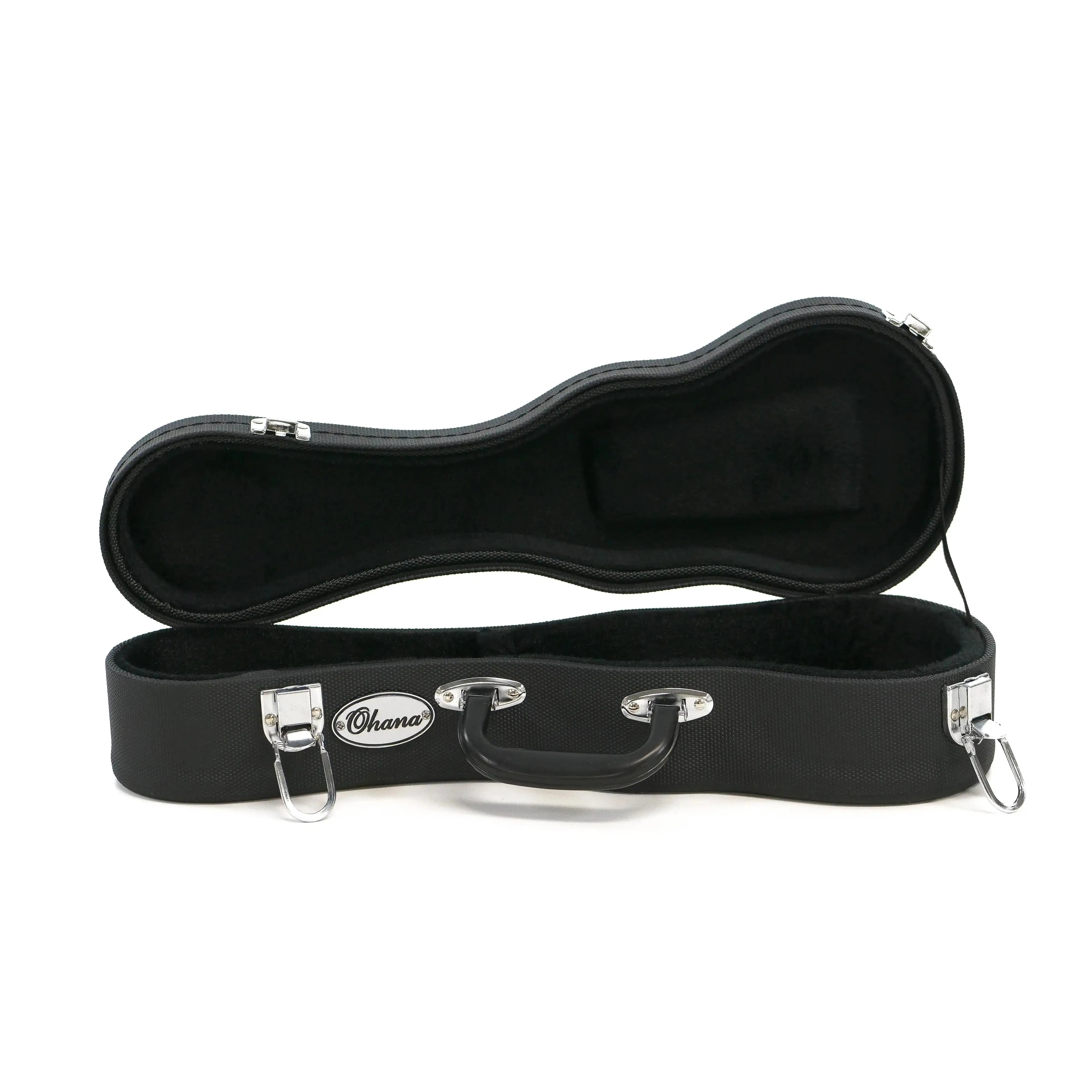 Ohana UCH-17 black sopranissimo ukulele hardshell case, open, with plush interior.