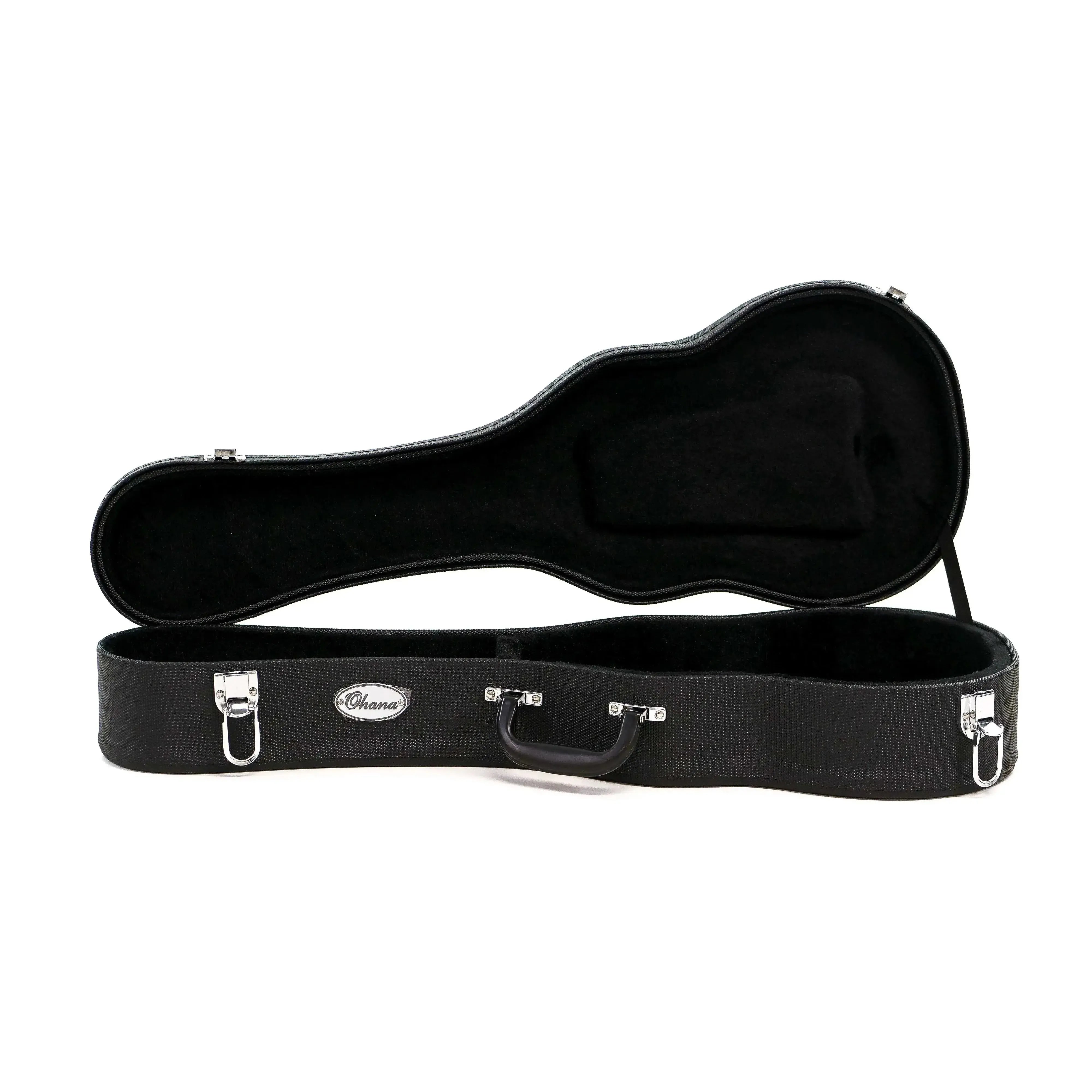 Ohana UCH-24 black concert ukulele hardshell case, open with plush interior and chrome latches.