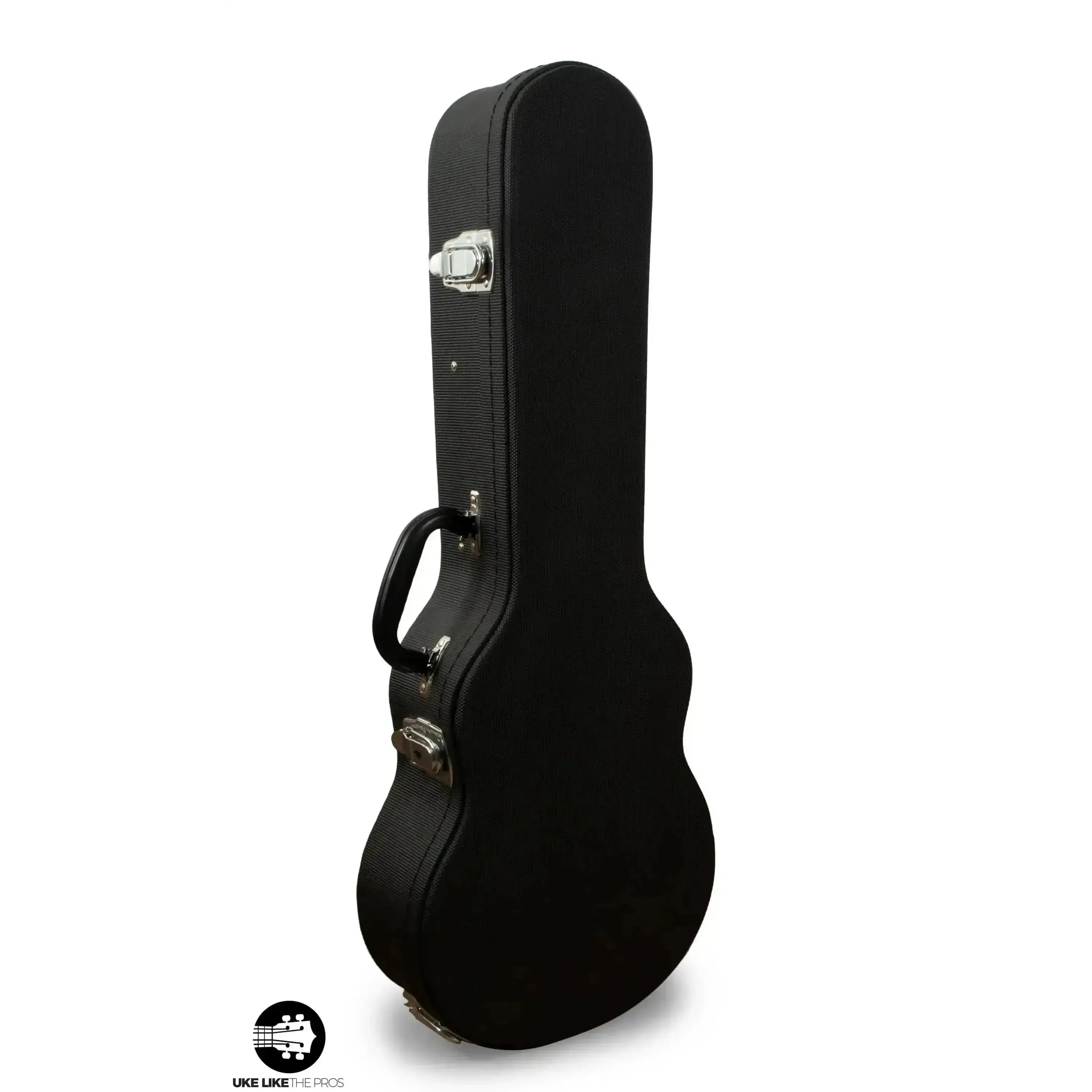 Ohana UCH-24 black concert ukulele hardshell case with chrome latches and arched top.