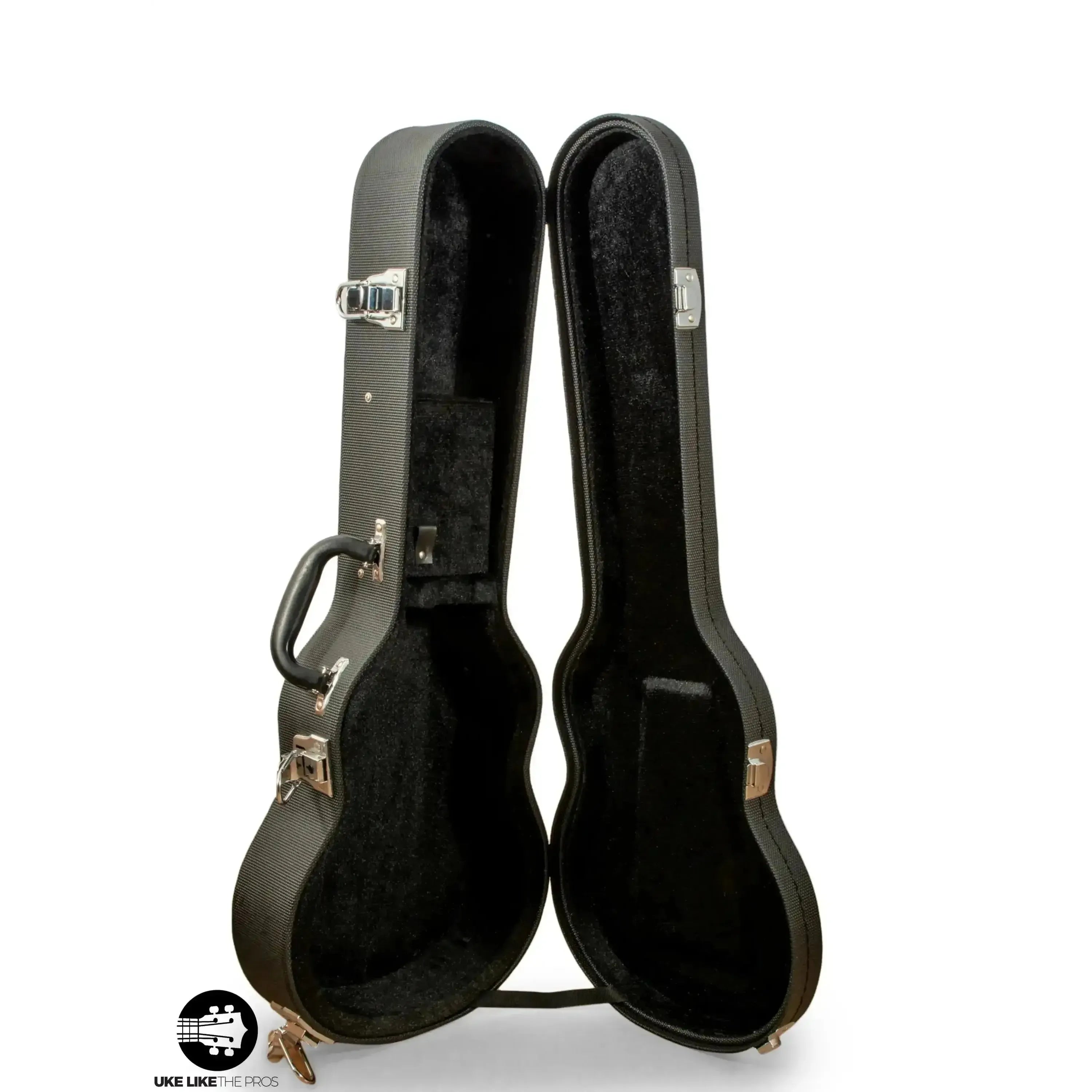 Ohana UCH-24 black concert ukulele hardshell case, open to reveal plush interior and chrome latches.