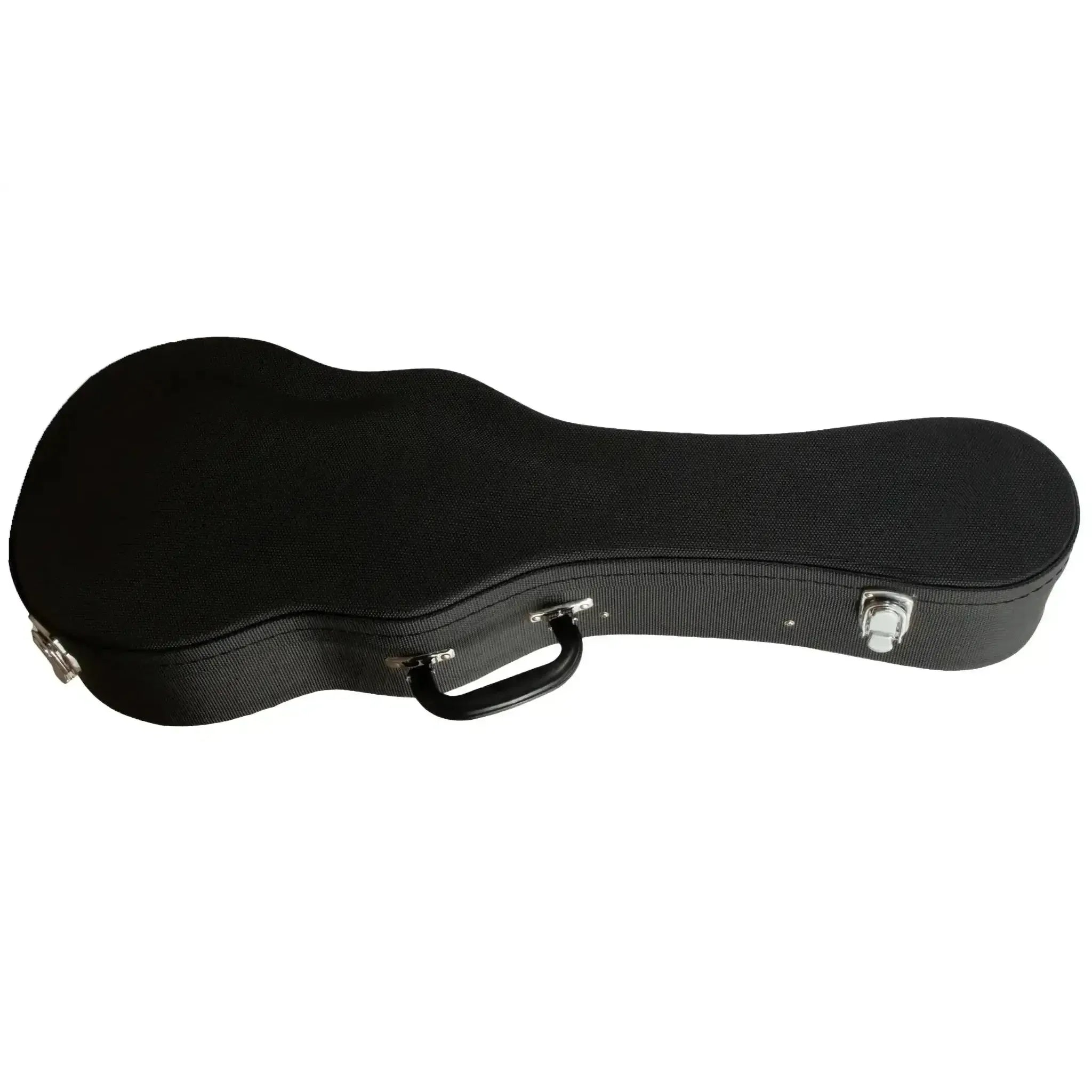 Ohana UCH-24 black concert ukulele hardshell case with textured Dura-Grip exterior, arched top, and chrome latches.