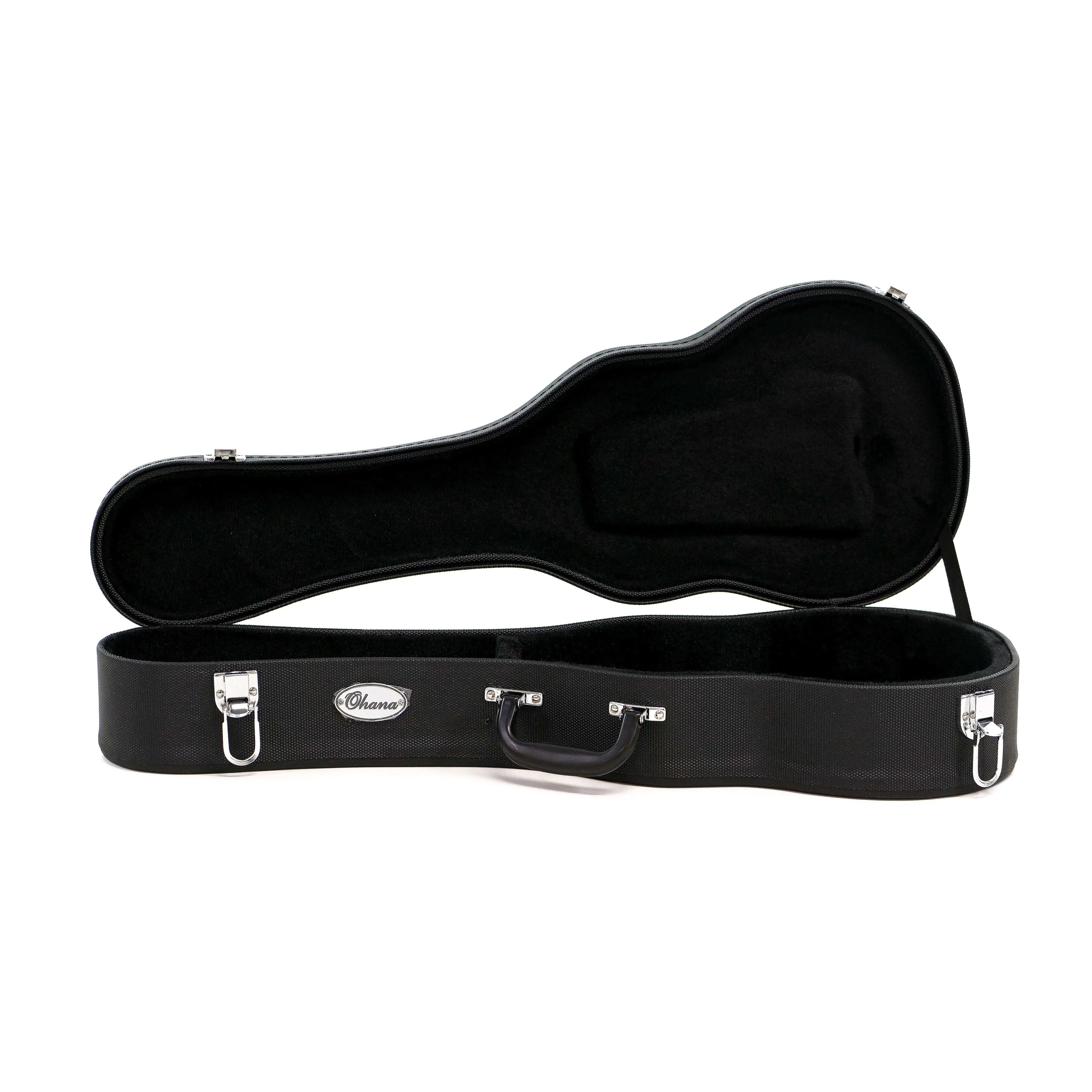 Ohana UCH-24L black super concert ukulele hardshell case, open, showing plush interior and chrome latches.