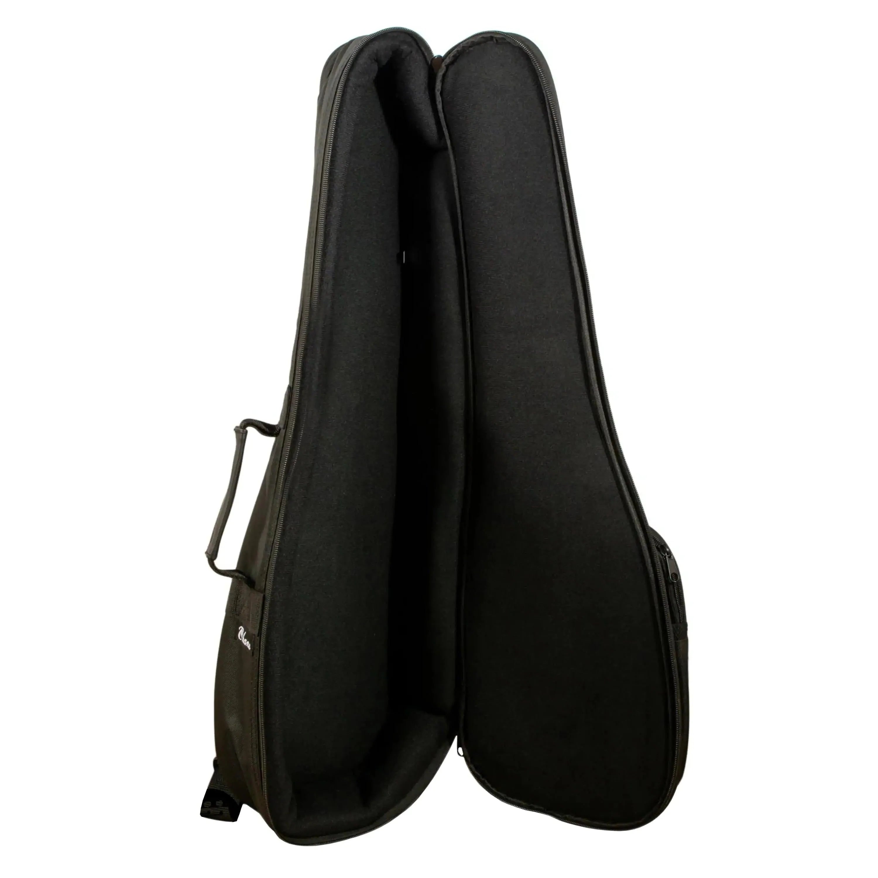Ohana UCS-24 black premium concert ukulele gig bag, open with dense foam padding and front pocket.