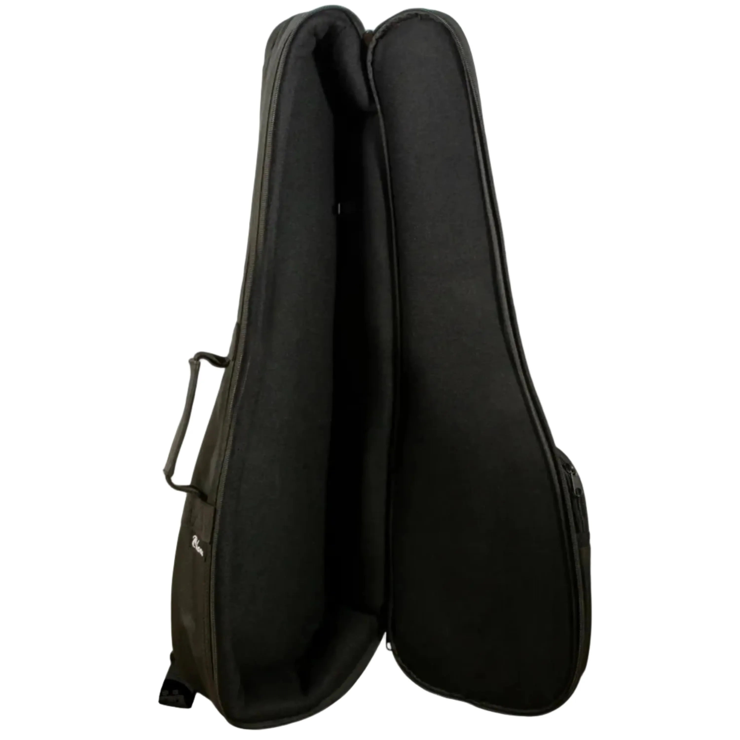 Ohana UCS-27 black premium tenor ukulele gig bag, open to show dense foam padding.