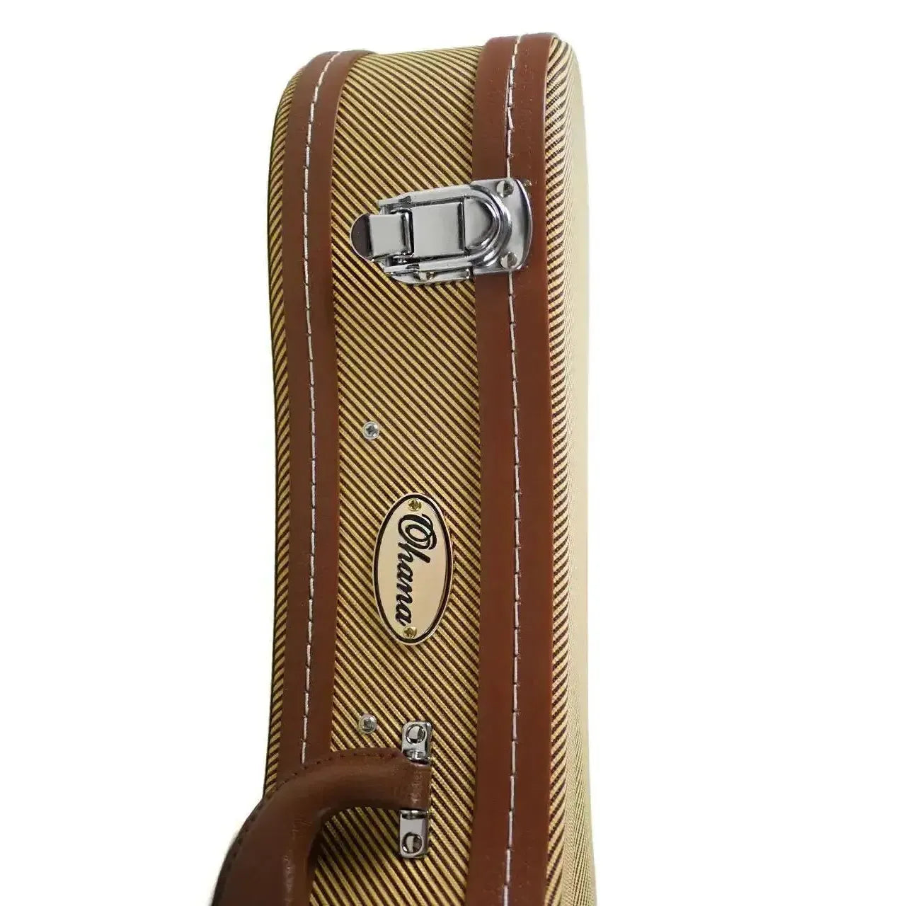 Ohana UCTV-24 vintage tweed concert ukulele hardshell case with brown Tolex trim, chrome latch, and handle.