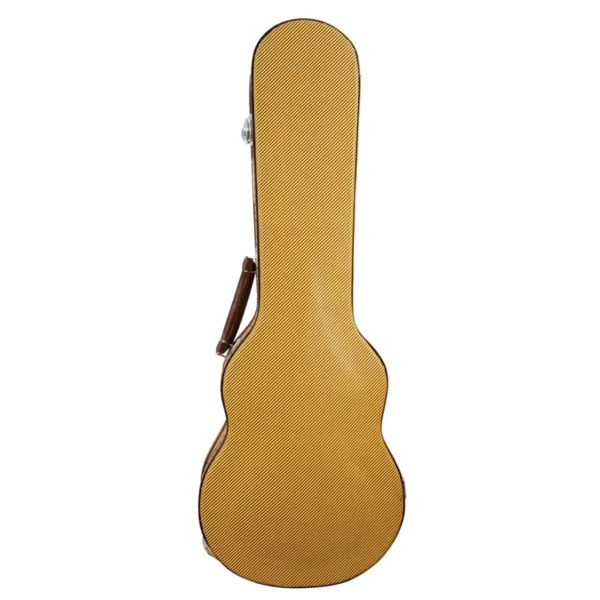 Ohana UCTV-24L Tweed Super Concert Ukulele Hardshell Case, yellow tweed with brown trim and handle.