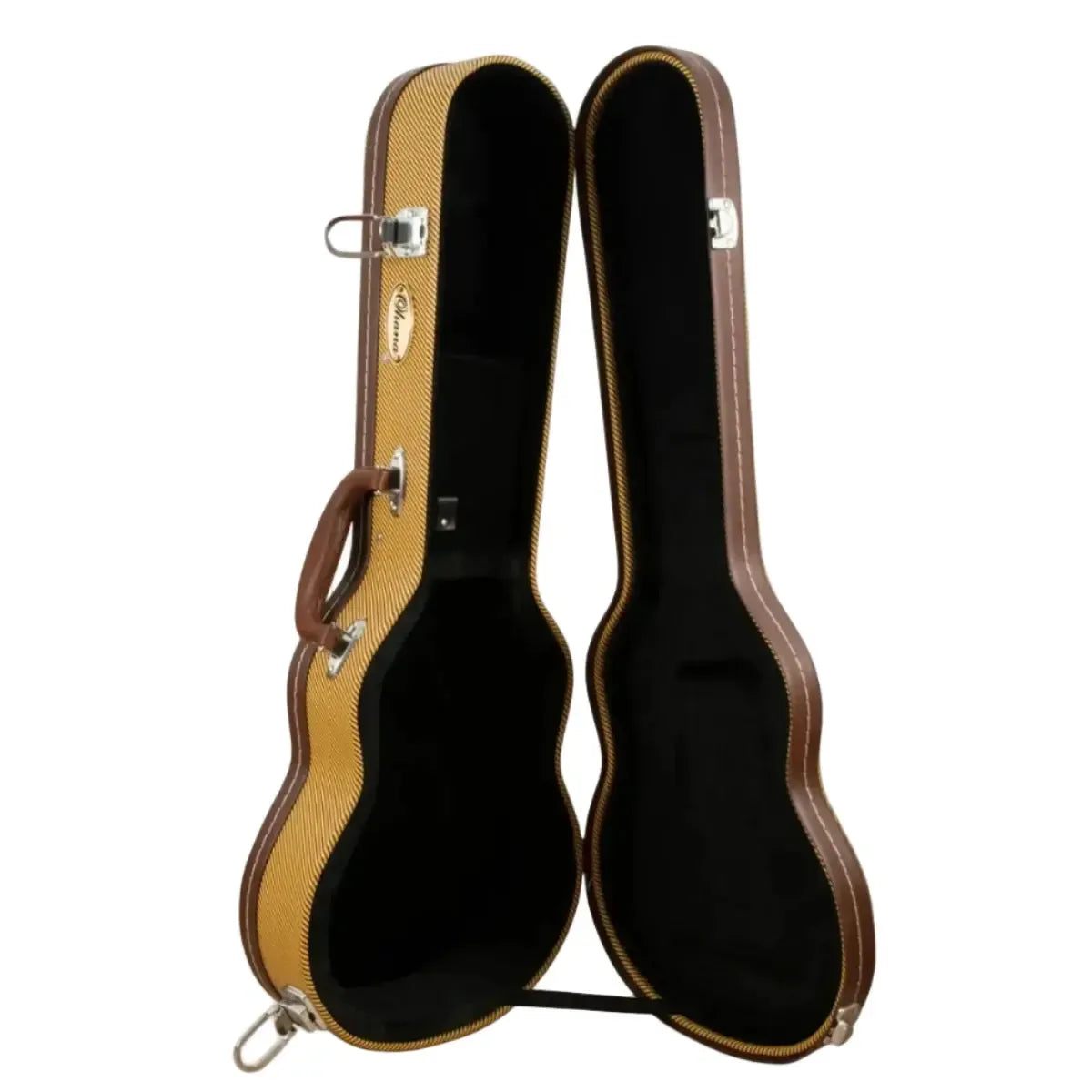 Ohana UCTV-24L Tweed Super Concert Ukulele Hardshell Case, open, showing black plush interior.