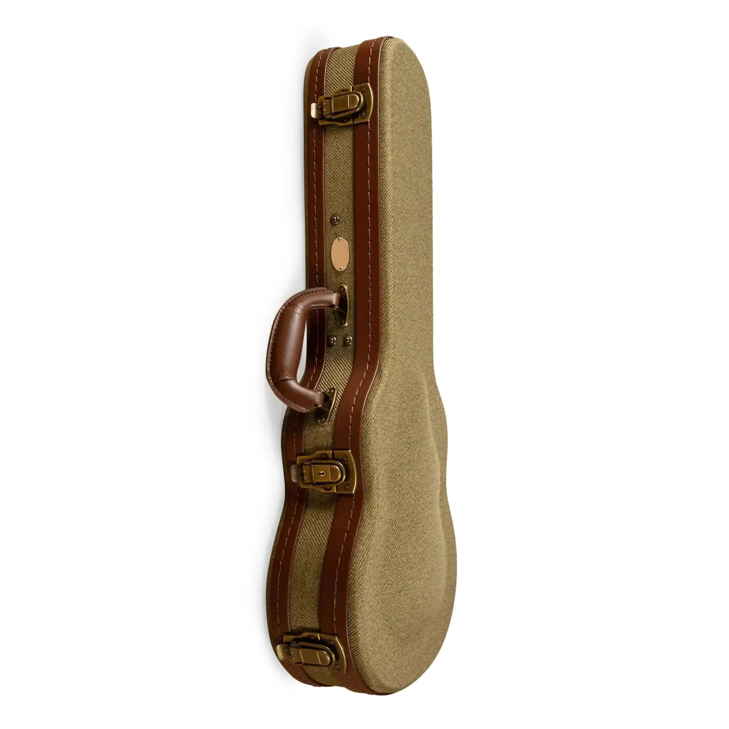 Ohana UOT-24 olive twill concert ukulele hardshell case with brown trim, handle, and antique bronze latches.