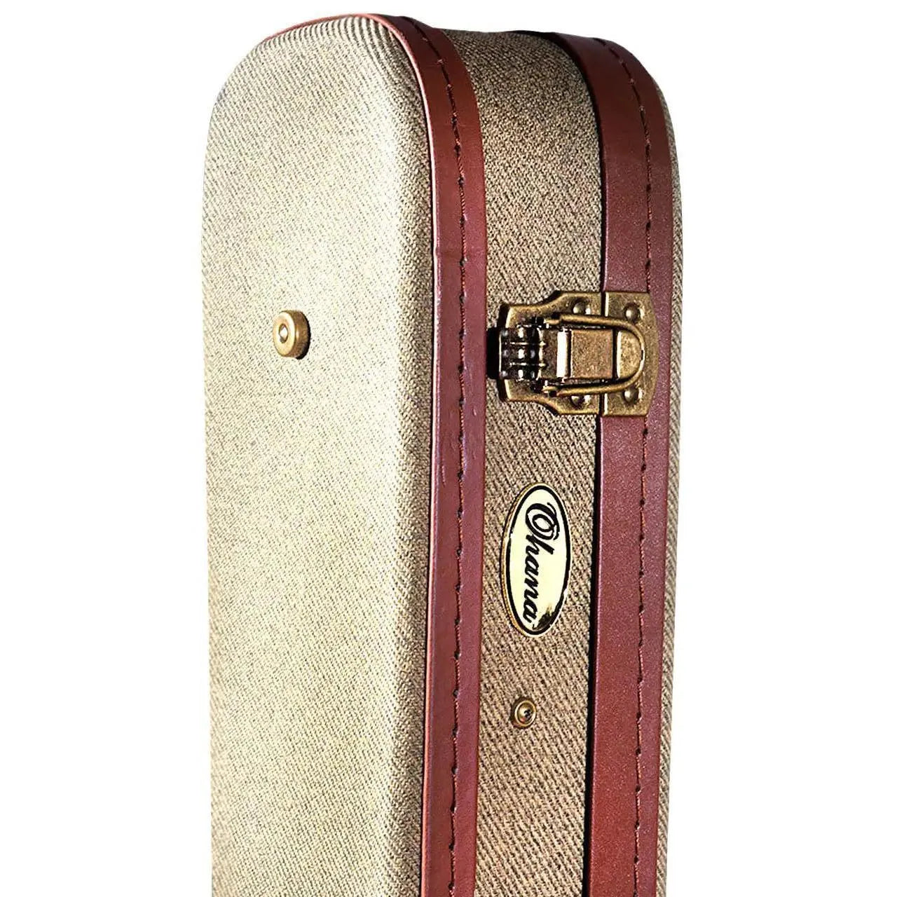 Ohana UOT-24 Olive Twill Concert Ukulele Hardshell Case with brown trim and antique bronze latch.