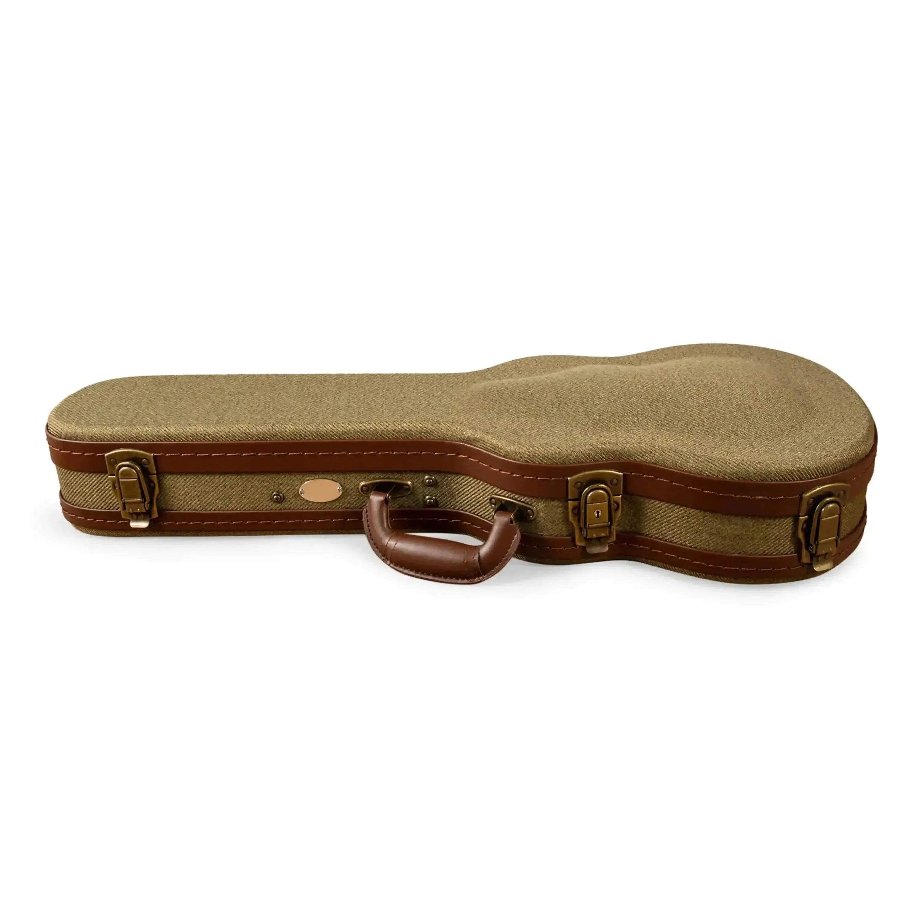 Ohana UOT-27 Olive Twill Tenor Ukulele Hardshell Case with brown Tolex trim and antique bronze latches.