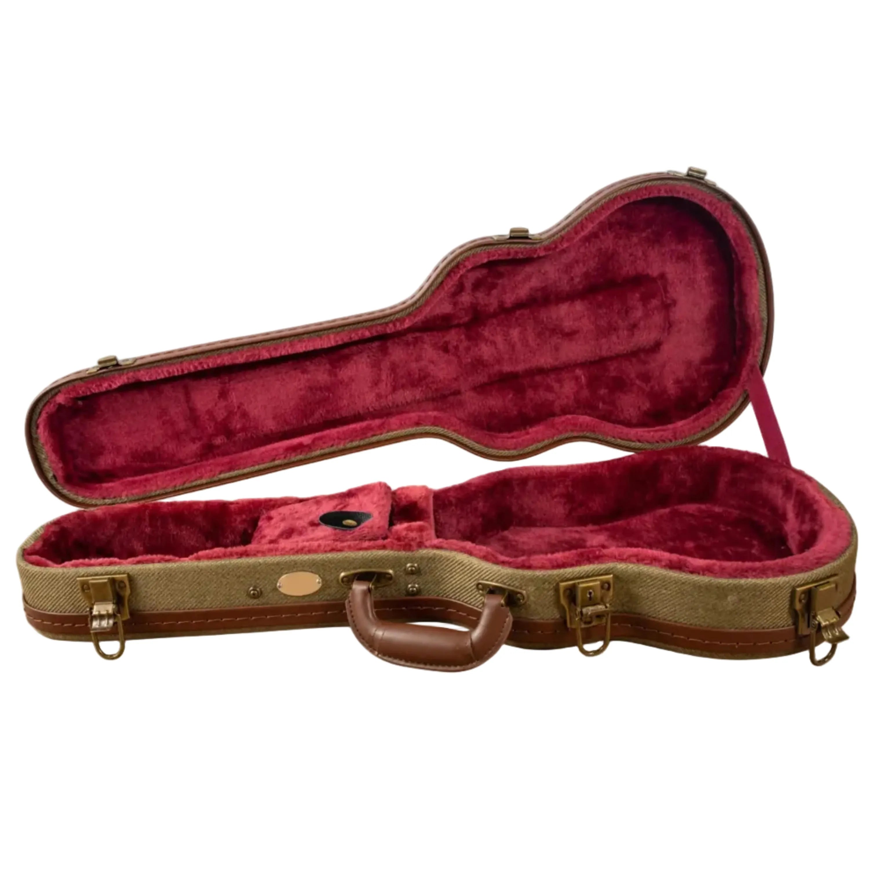 Ohana UOT-31 Olive Twill Baritone Ukulele Hardshell Case with wine velvet interior.