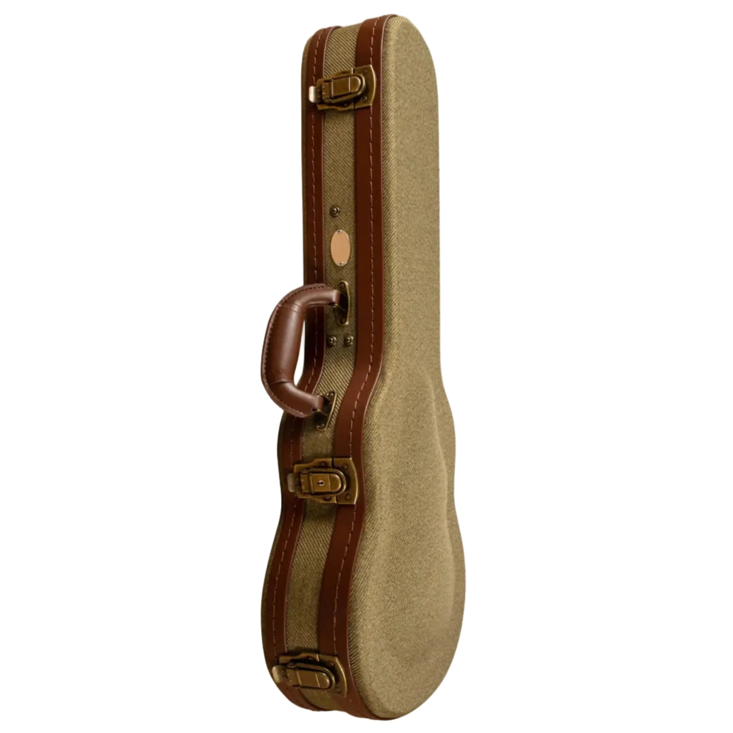 Ohana UOT-31 Baritone Ukulele Hardshell Case in olive twill with brown Tolex trim and antique bronze latches.