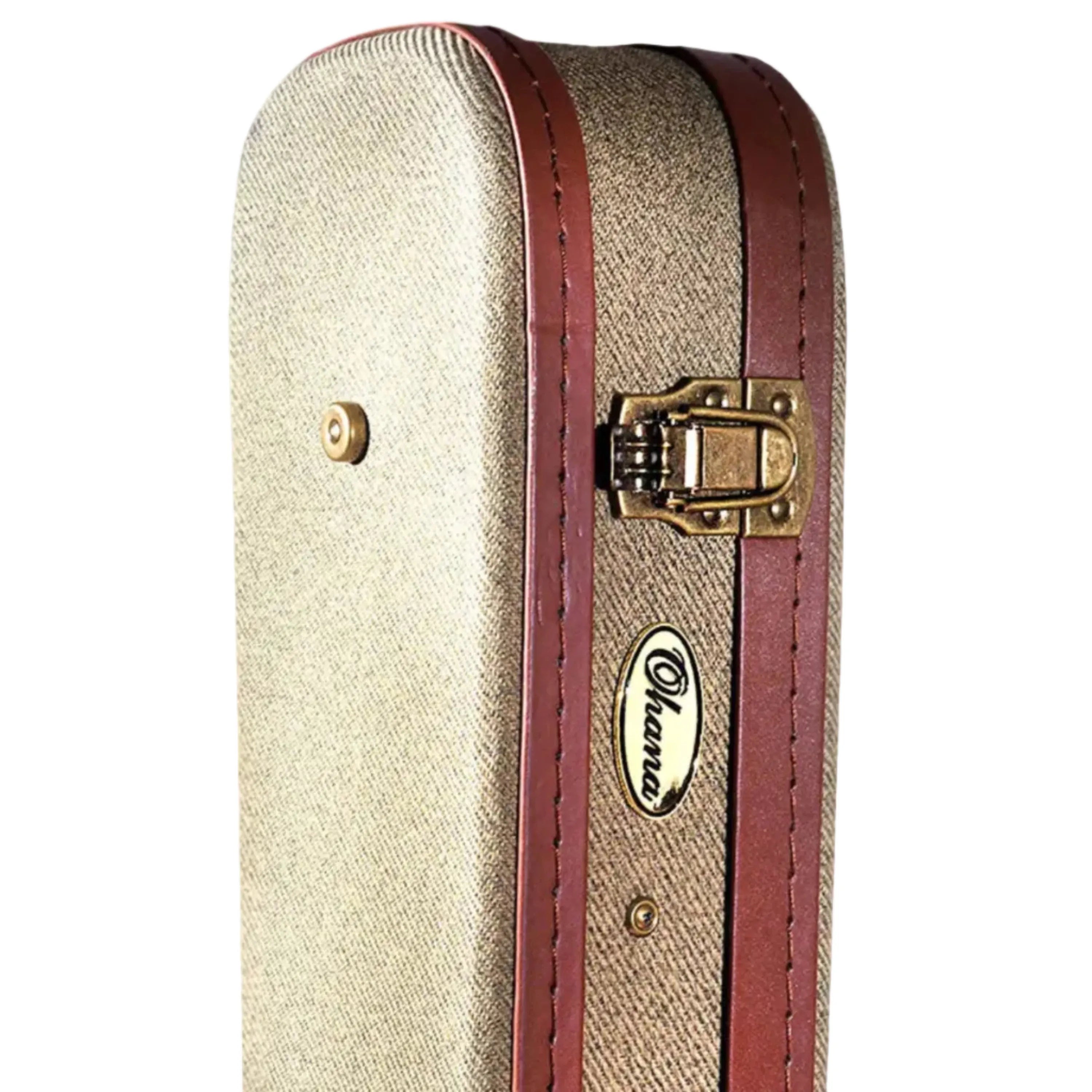 Ohana UOT-31 olive twill baritone ukulele hardshell case with brown Tolex trim and antique bronze latch.