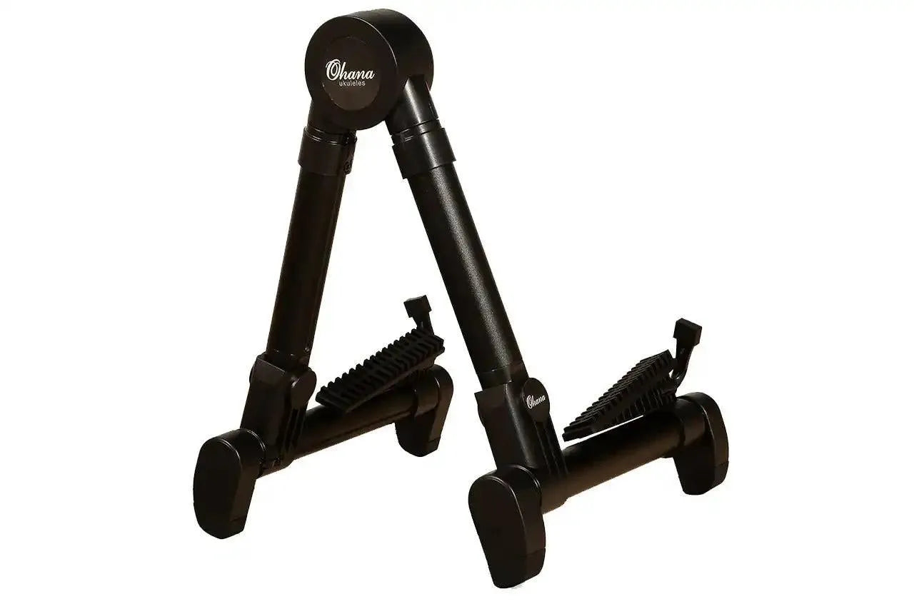 Ohana US-30BK lightweight black A-frame portable ukulele stand with adjustable rubber feet.