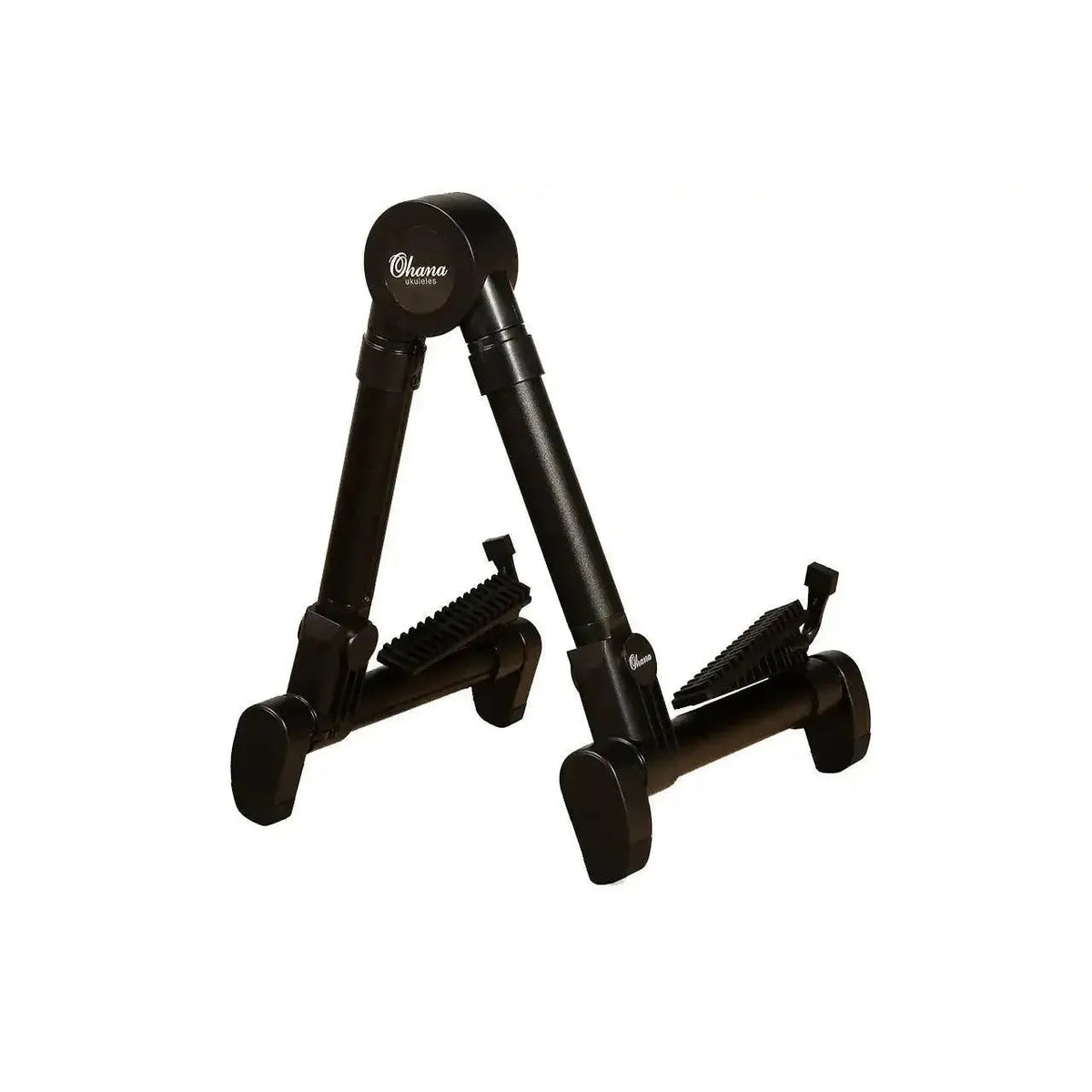 Ohana US-30BK lightweight black A-frame portable ukulele stand with adjustable rubber feet.