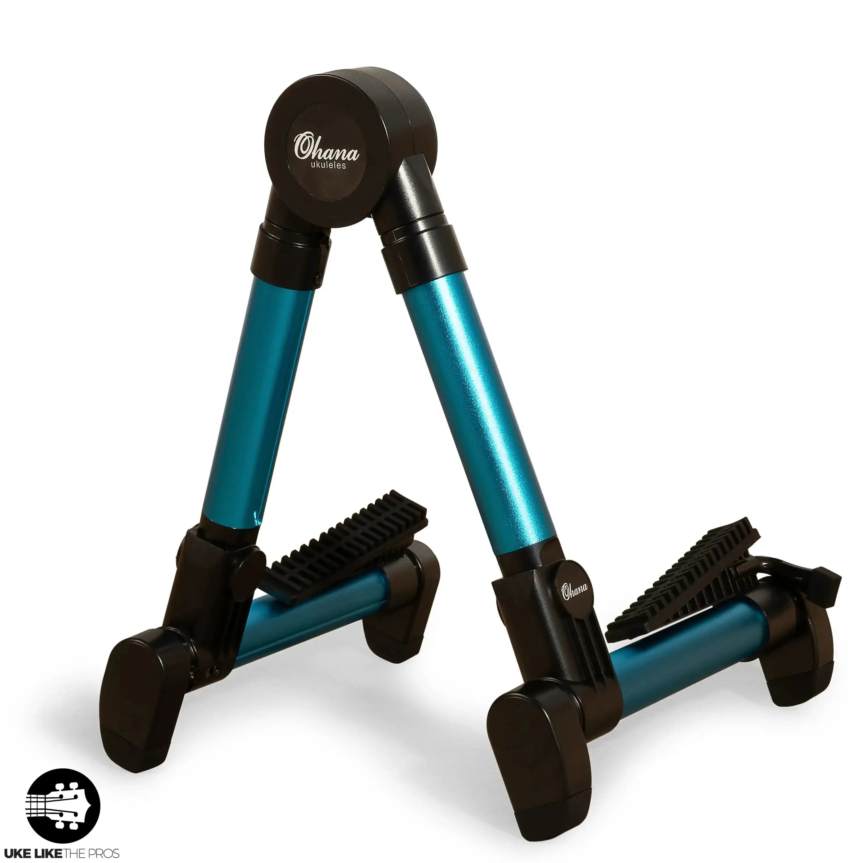 Ohana US-30BL blue aluminum A-frame portable ukulele stand with black accents and rubber feet.