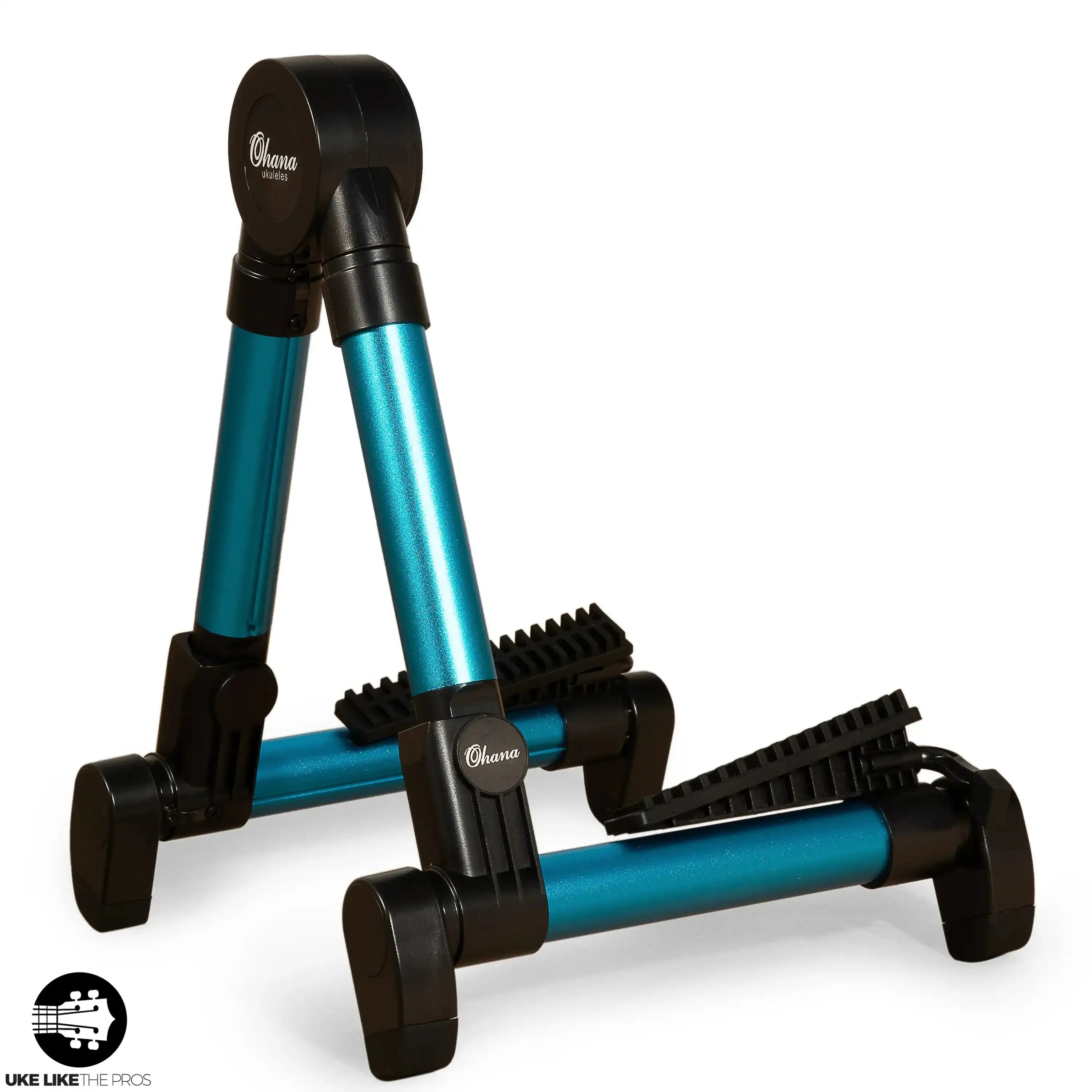 Ohana US-30 BL blue aluminum A-frame portable ukulele stand, folded for transport.