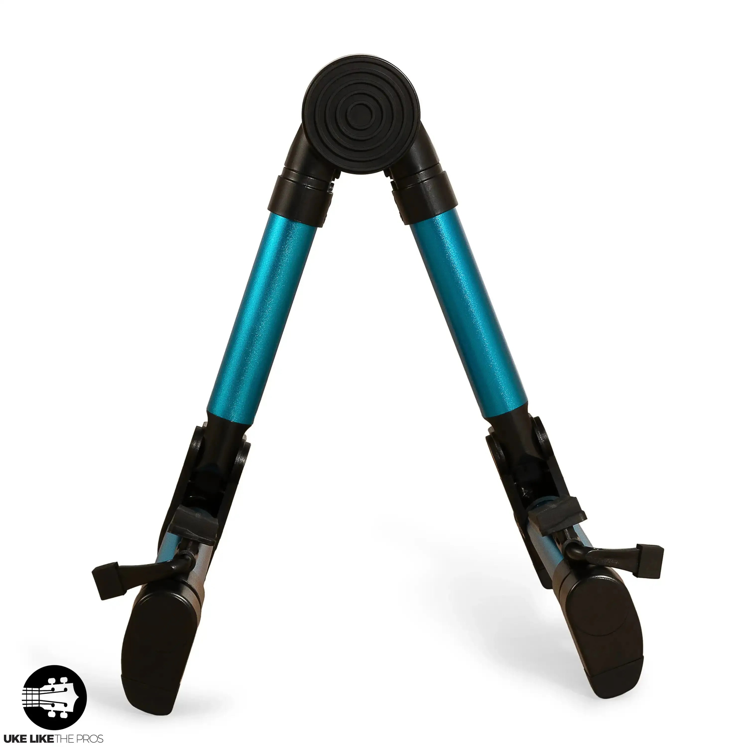 Ohana US-30BL blue aluminum A-frame portable ukulele stand with black rubber feet and supports.