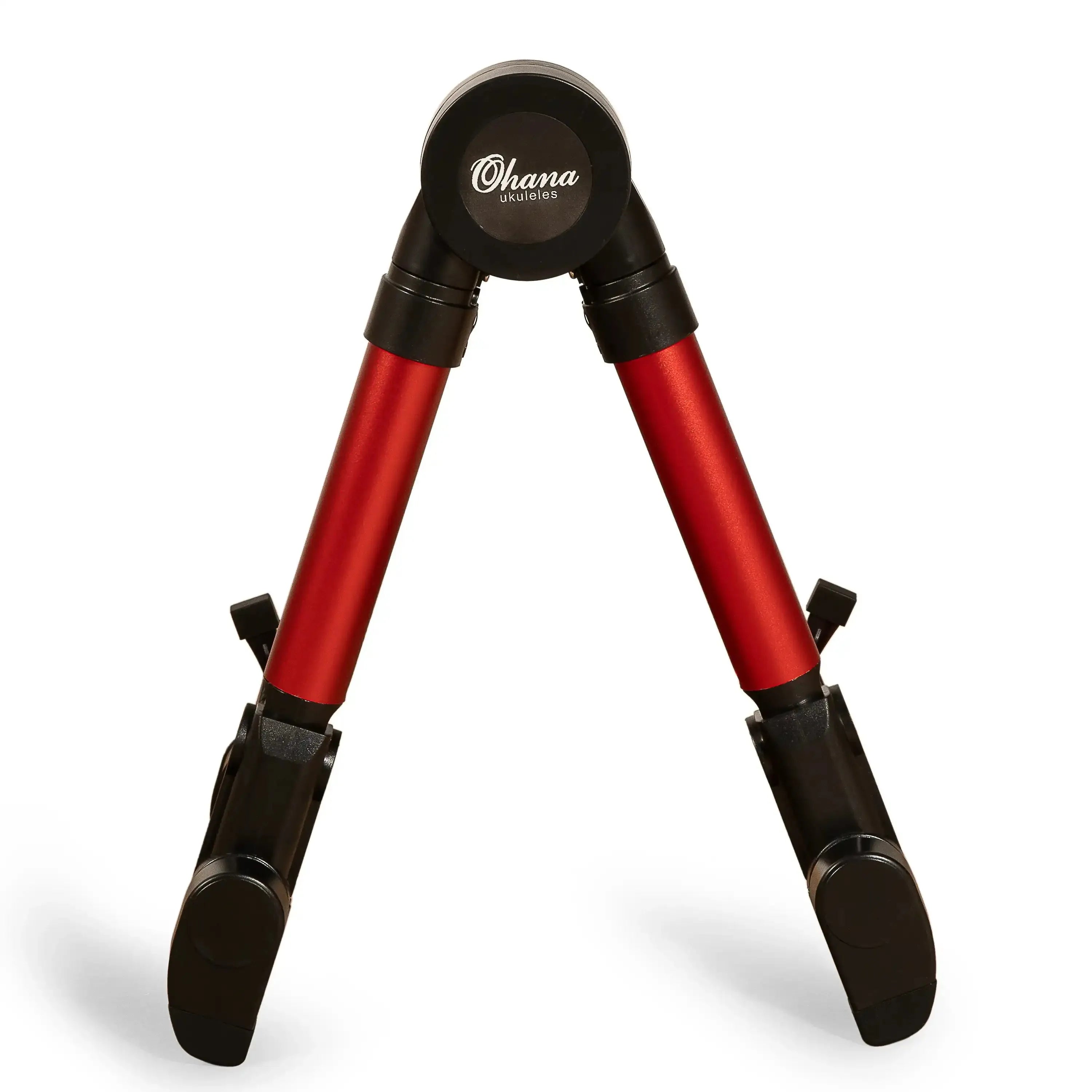 Ohana US-30 RD lightweight red aluminum A-frame portable ukulele stand with black accents.