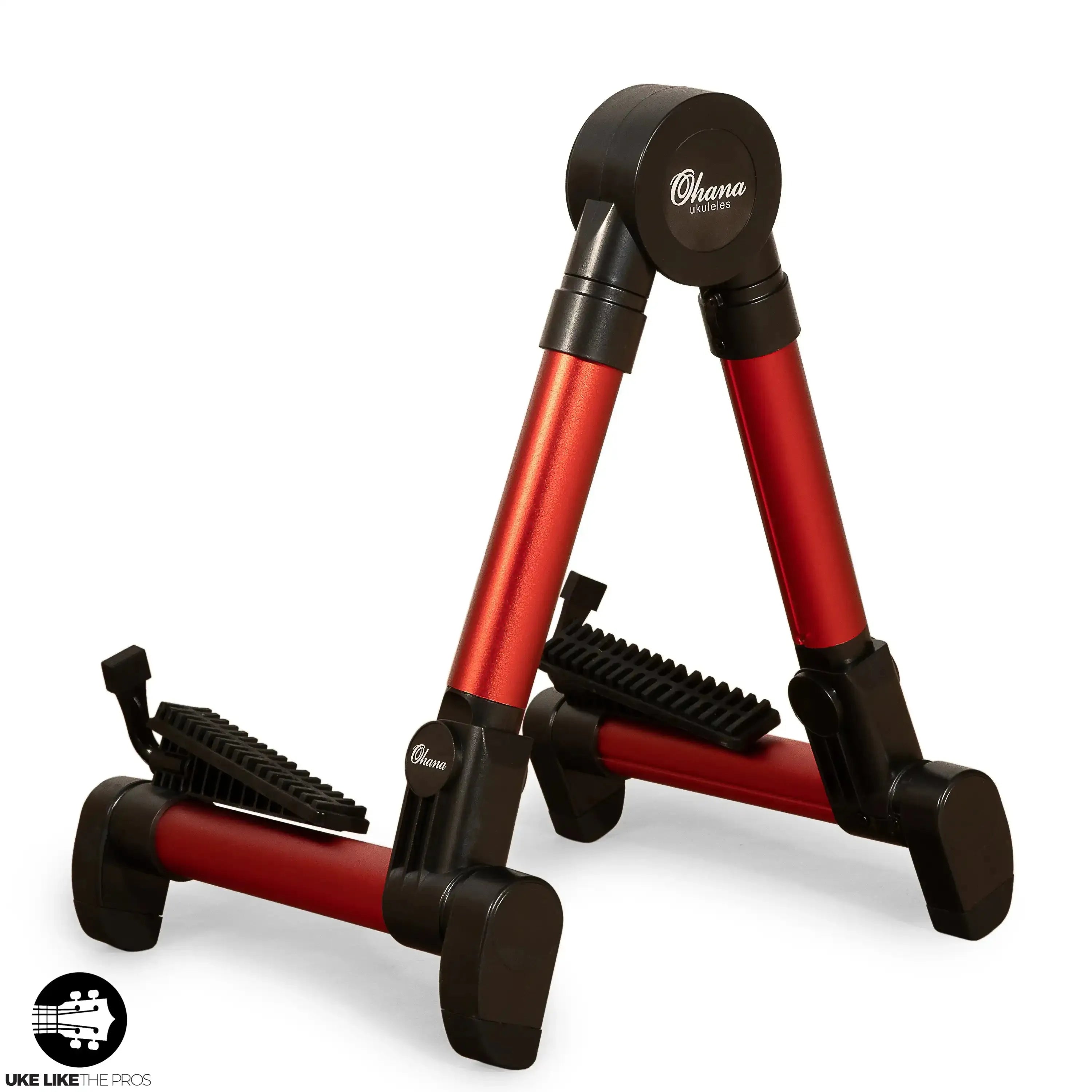 Ohana US-30 RD red lightweight aluminum A-frame portable ukulele stand with black rubber feet.