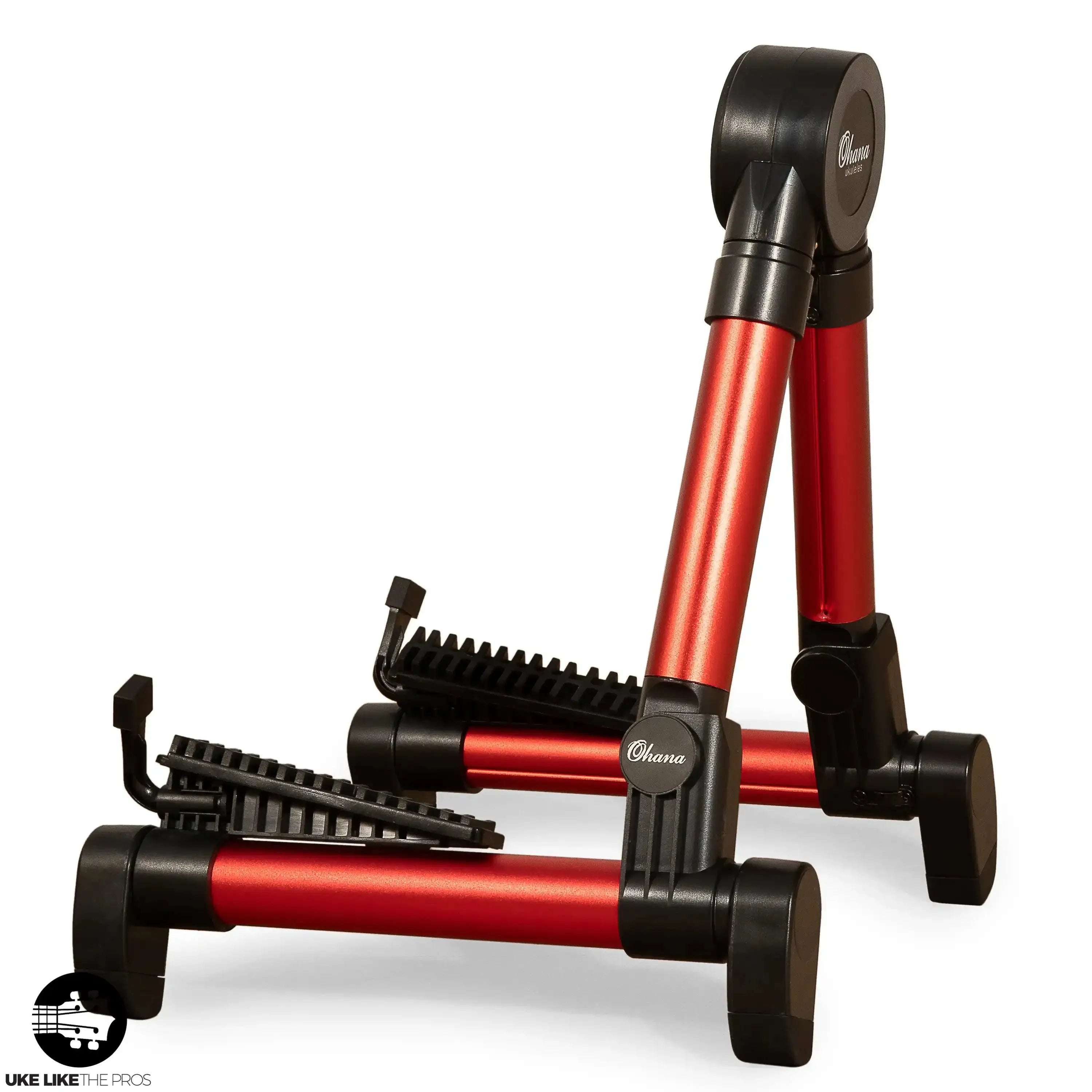Ohana US-30RD lightweight red aluminum A-frame portable ukulele stand with black rubber feet and supports.