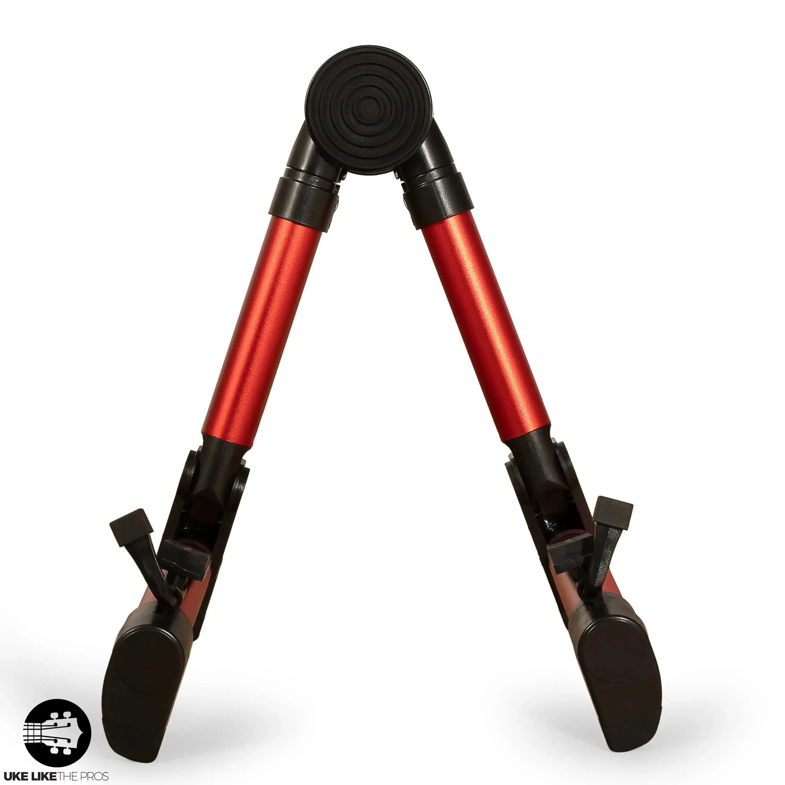 Ohana US-30RD lightweight red aluminum A-frame portable ukulele stand with black rubber feet.
