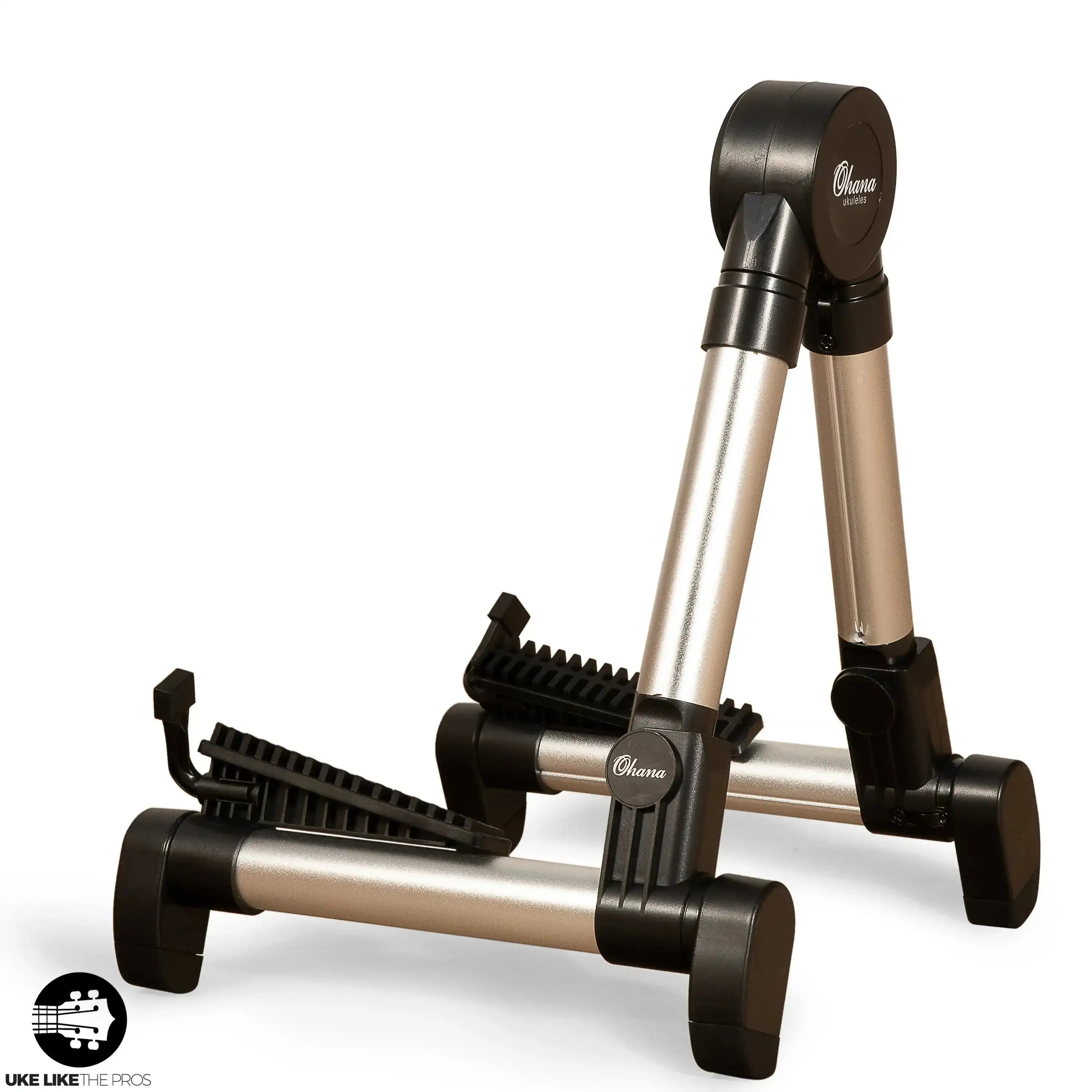 Ohana US-30S lightweight silver aluminum A-frame portable ukulele stand with black accents.