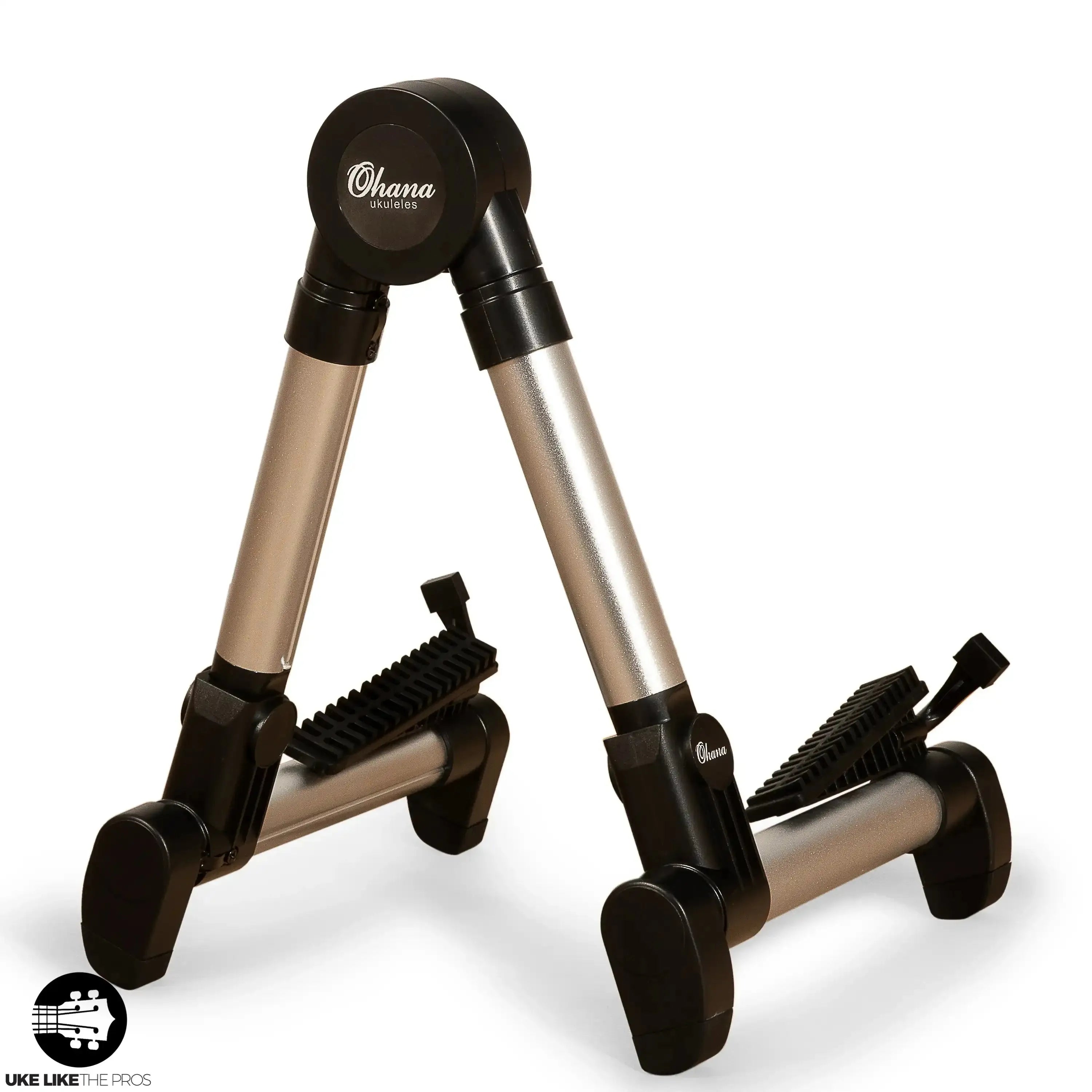 Ohana US-30S lightweight silver aluminum A-frame portable ukulele stand with black accents.