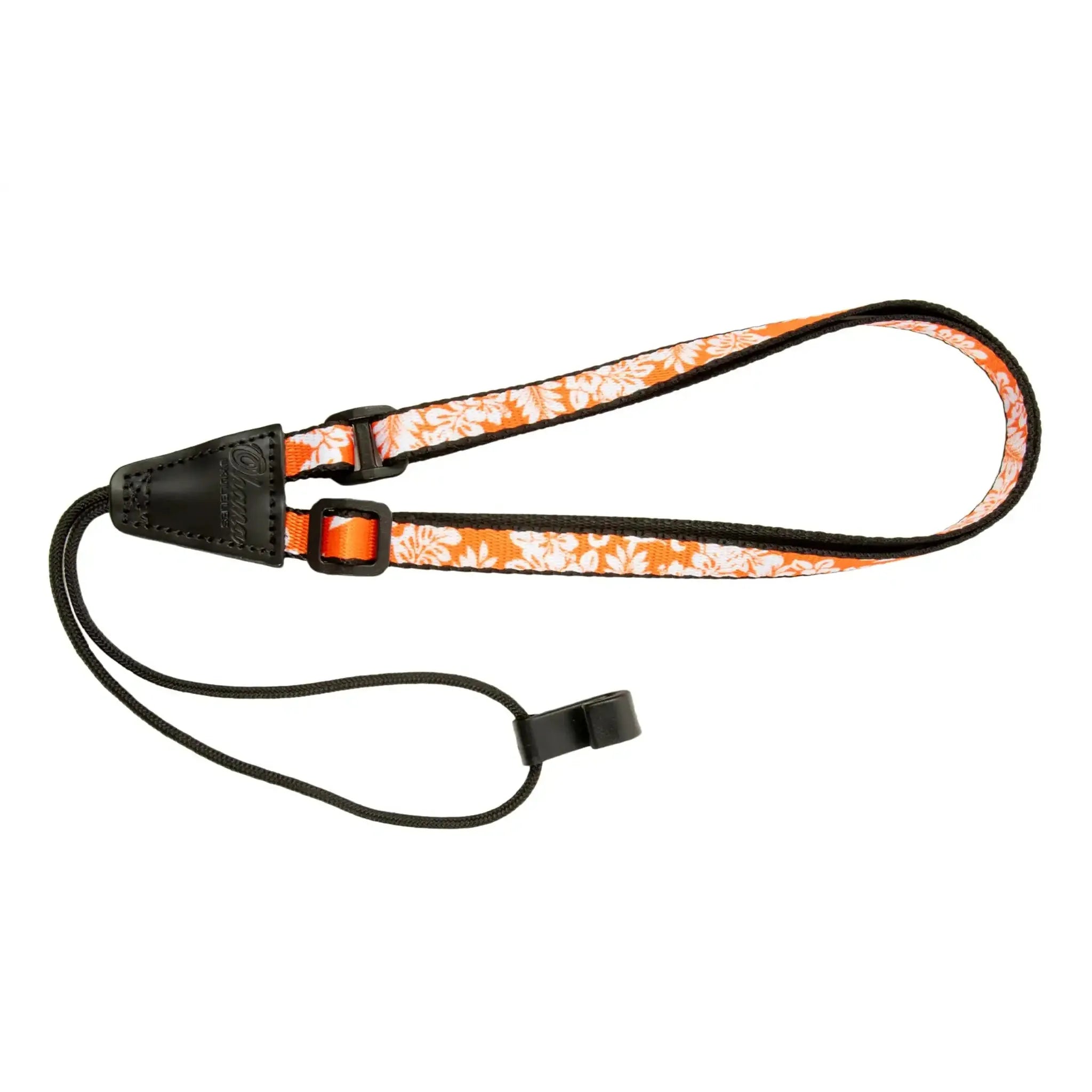 Ohana ukulele sound hole strap, orange floral polyester, 0.5" wide, with black leather and hook.