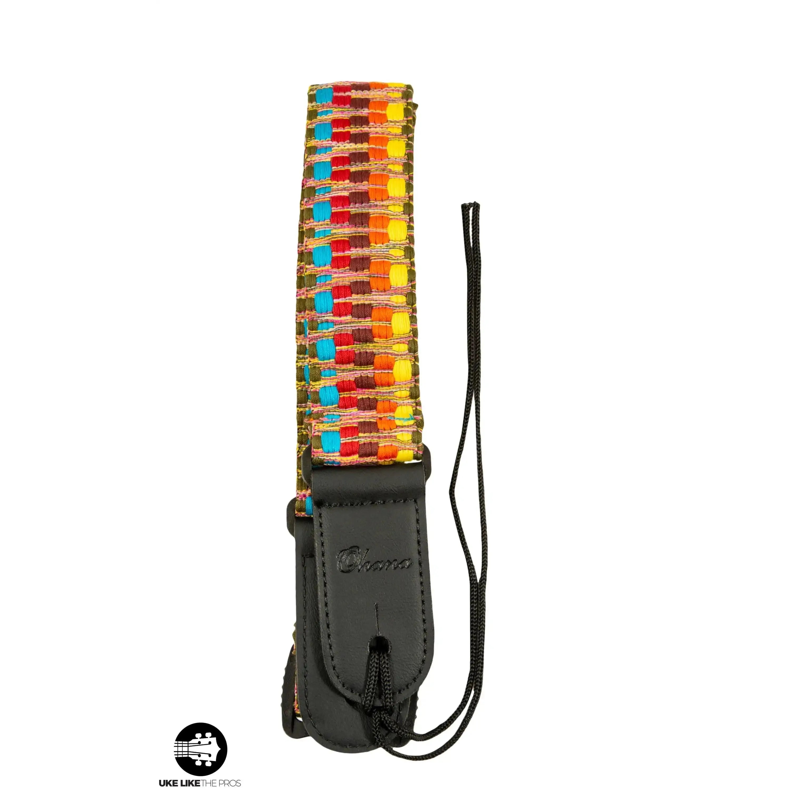 Ohana USS-05 Rainbow cotton ukulele strap, 1.5 inches wide, with black leather ends.